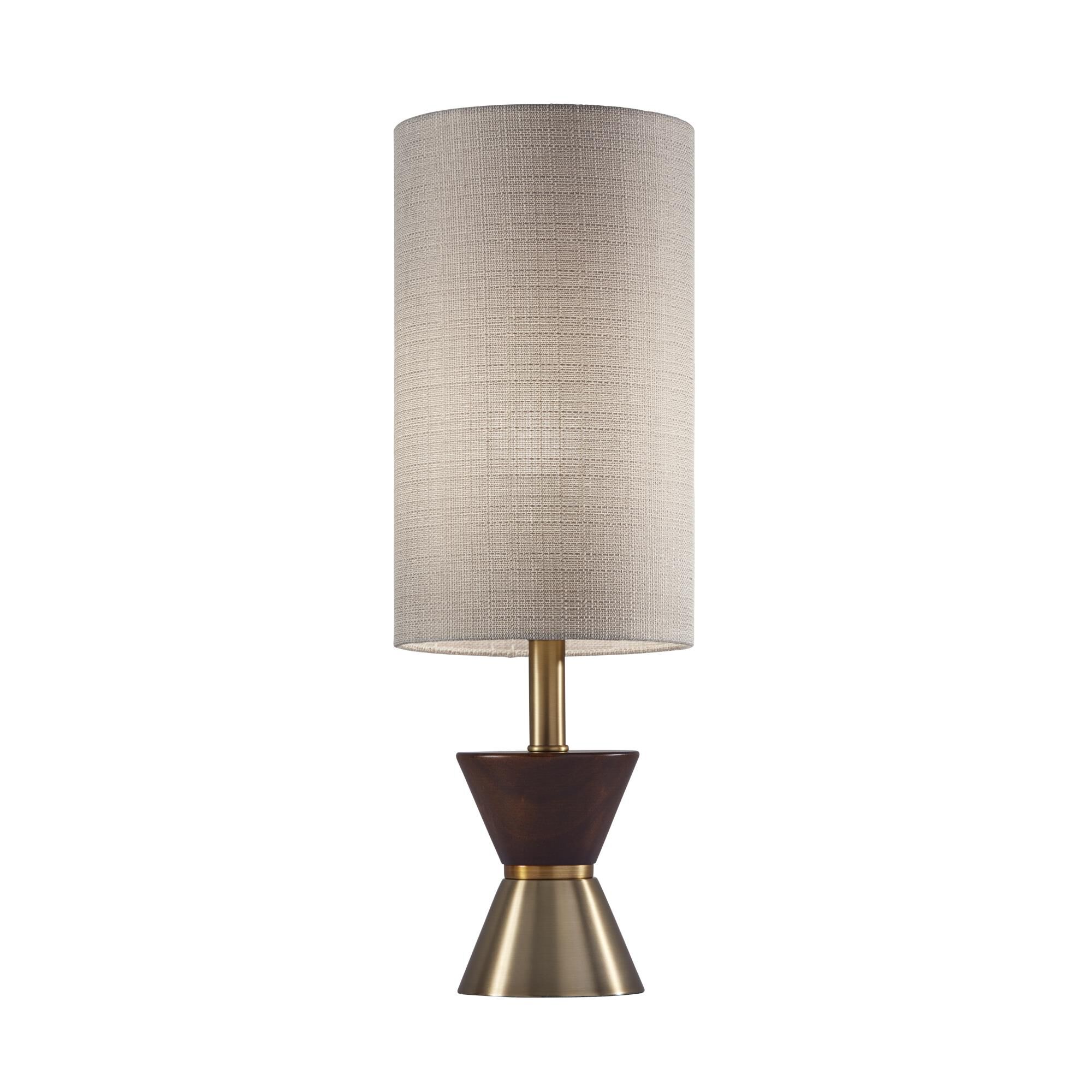 Shown in Antique Brass/Walnut Rubberwood finish and Textured Beige Fabric shade
