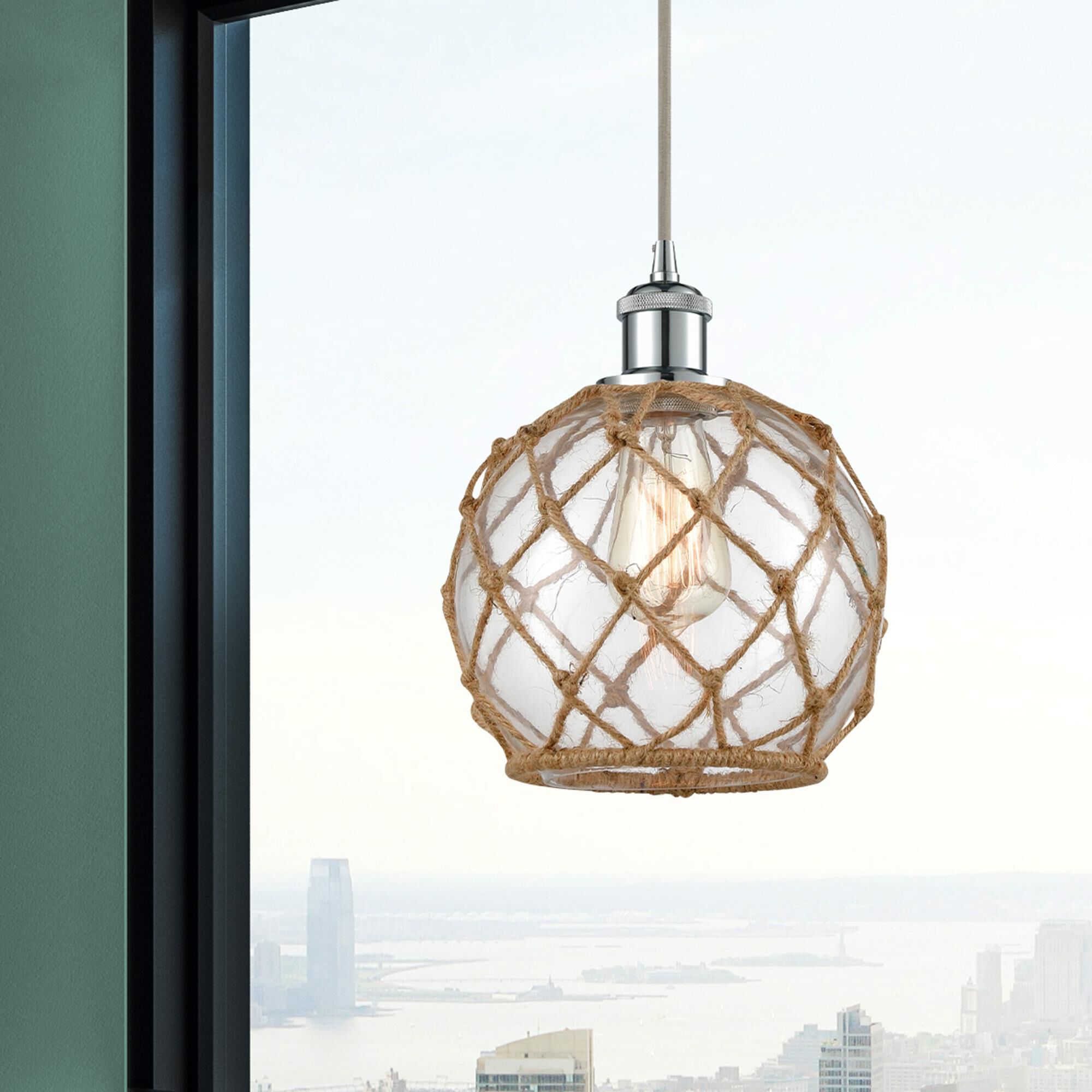 Shown in Polished Chrome finish and Clear With Black Rope glass