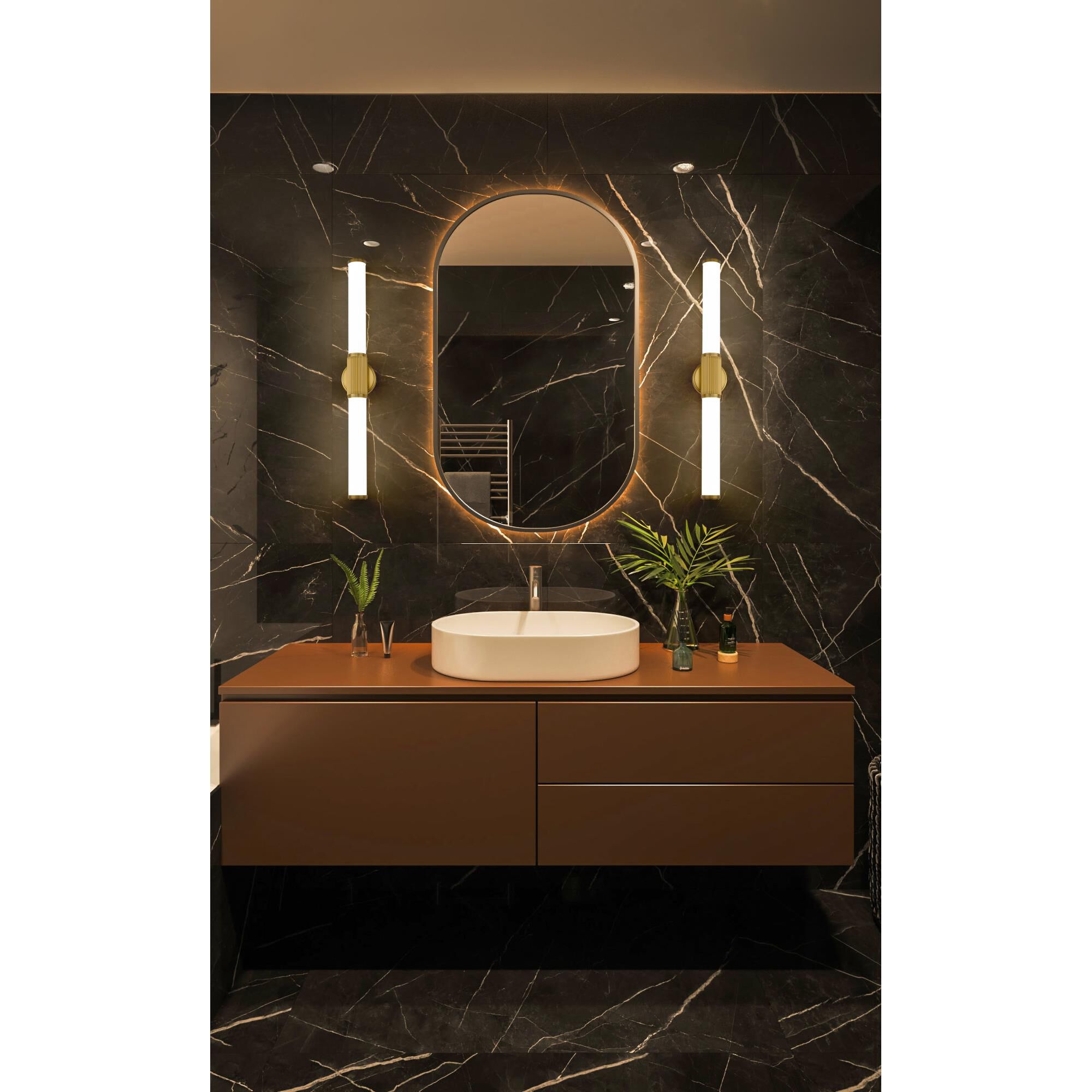 Shown in Modern Gold finish and Opal White glass and Opal White shade