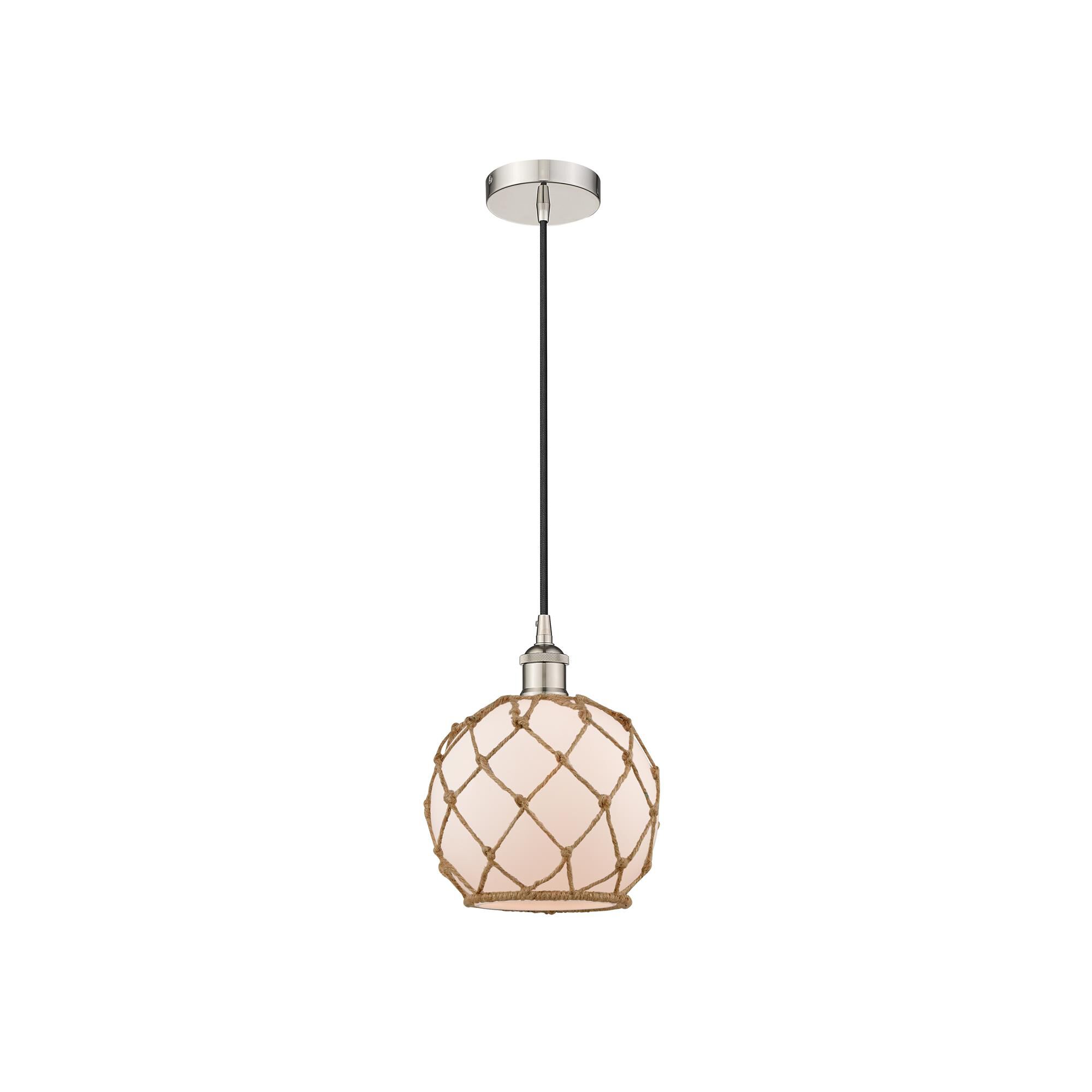 Shown in Polished Nickel finish and White Farmhouse With Brown Rope glass