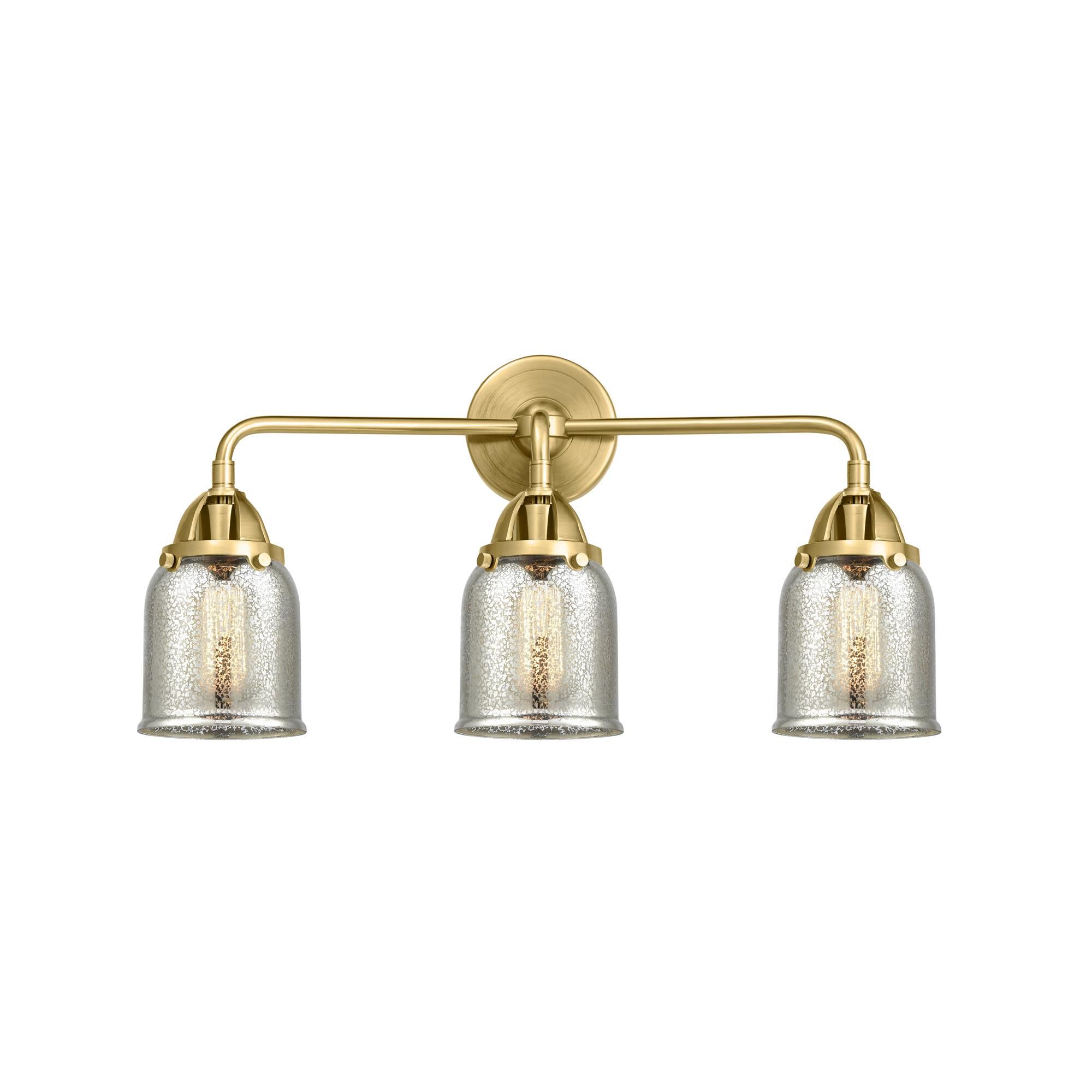 Shown in Satin Gold finish and Silver Plated Mercury Small Bell glass and No Shade shade