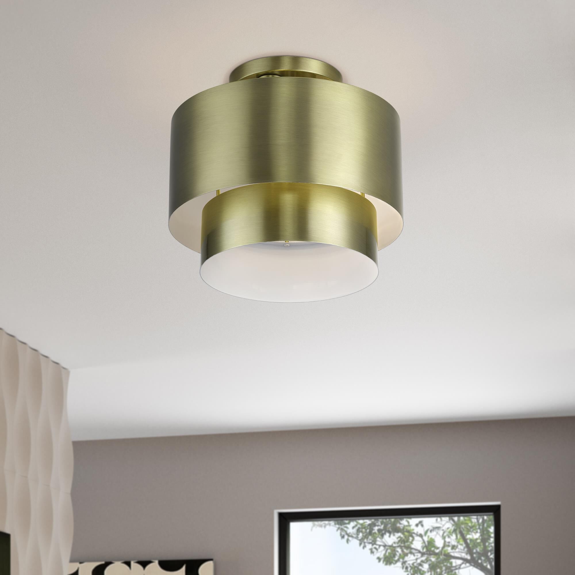 Shown in Antique Brass finish and Antique Brass Steel with Shiny White Inside shade
