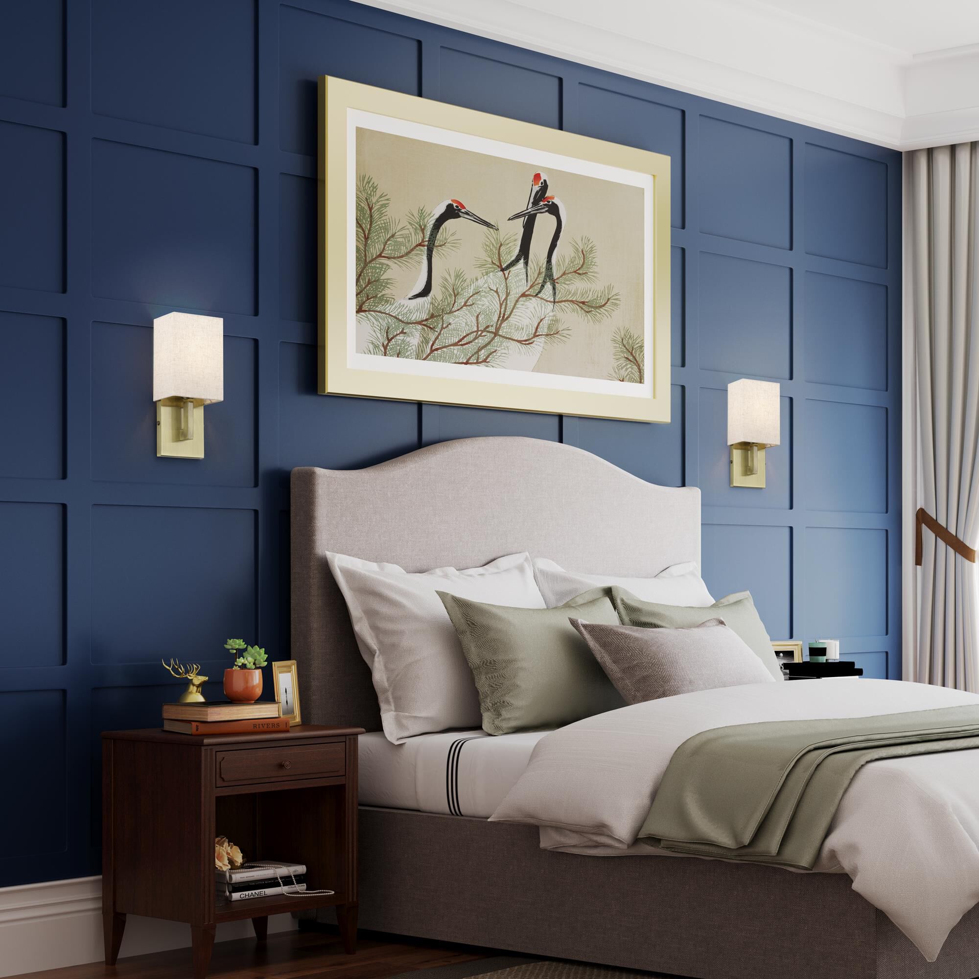 Shown in Antique Brass finish and Hand Crafted Oatmeal Color Fabric with White Color Inside shade