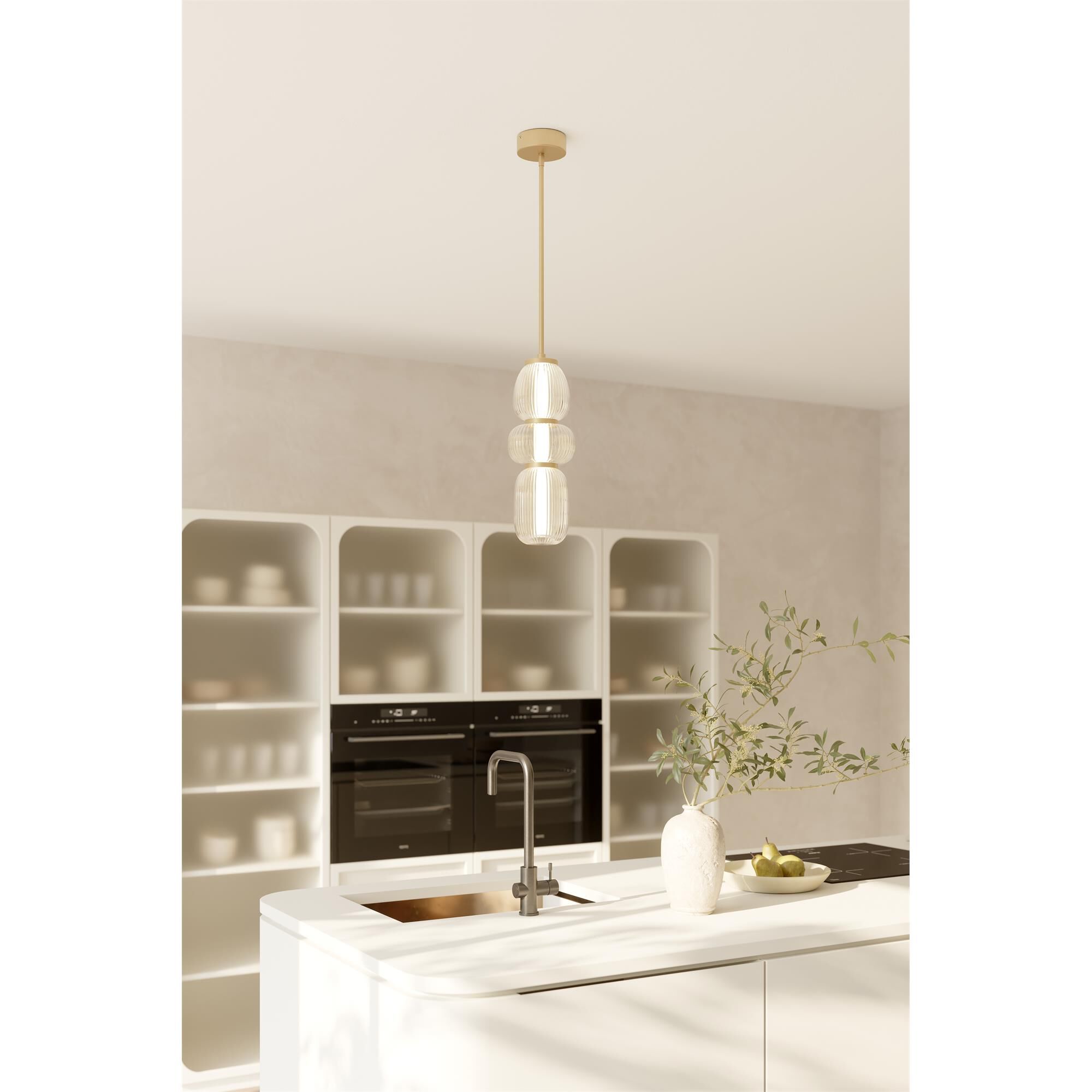 Shown in Legacy Brass finish and Clear Ribbed glass