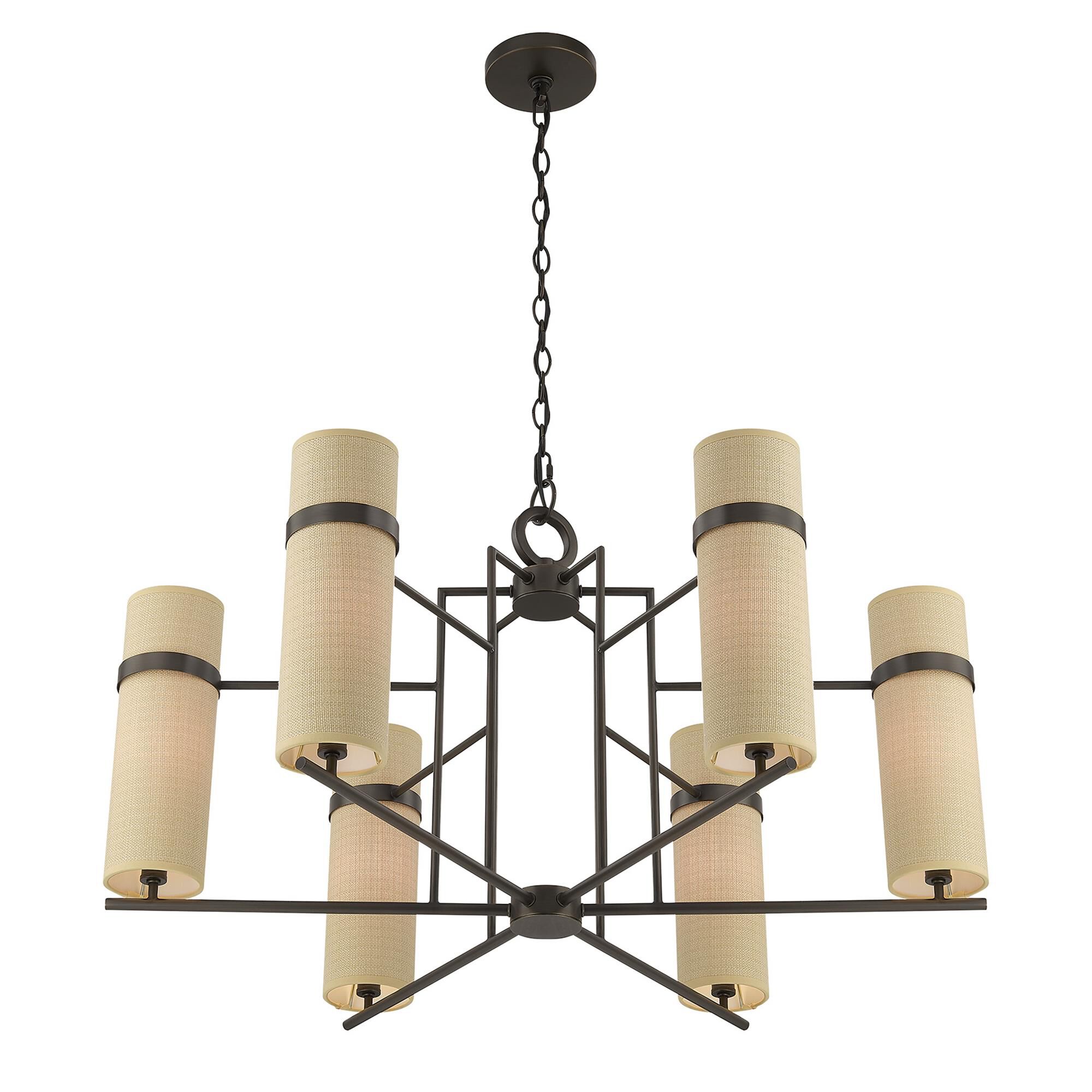 Shown in Mediterranean Bronze finish and Beige Fabric shade