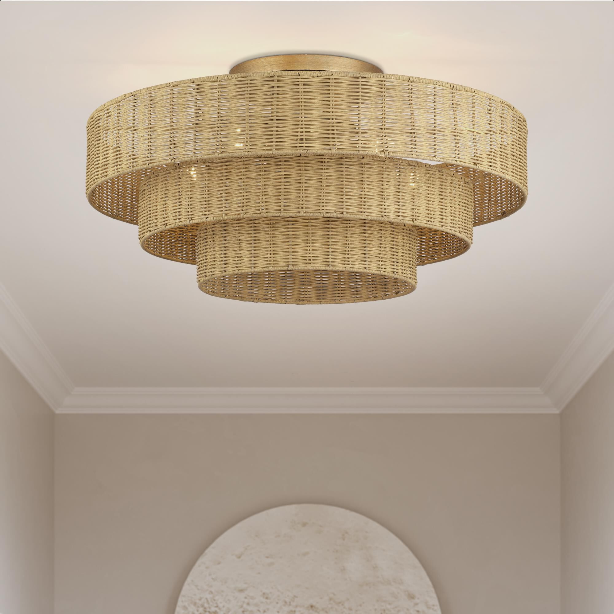 Shown in Antique Gold Leaf finish and Hand-Woven Rustic Walnut Color Rattan shade