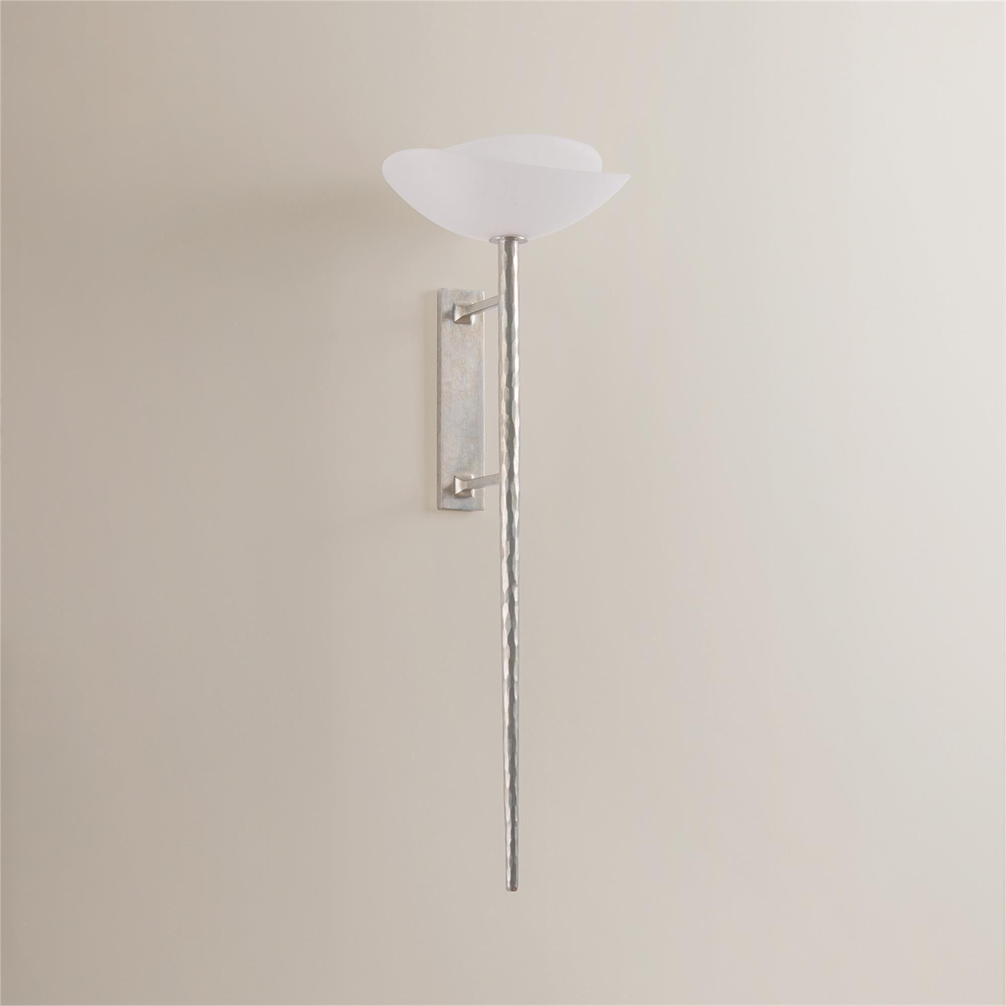Shown in Warm Silver Leaf finish and Matte Cloud Seeded glass