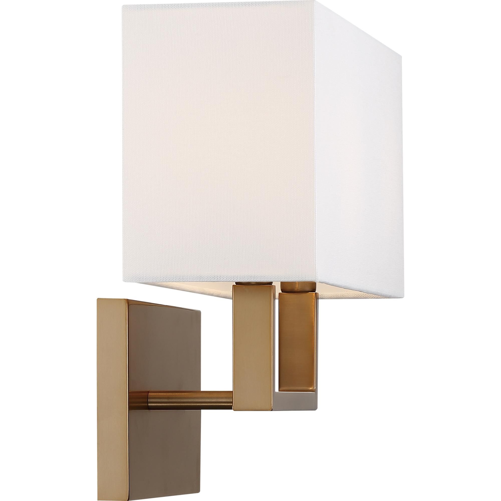 Shown in Burnished Brass finish and White Linen shade