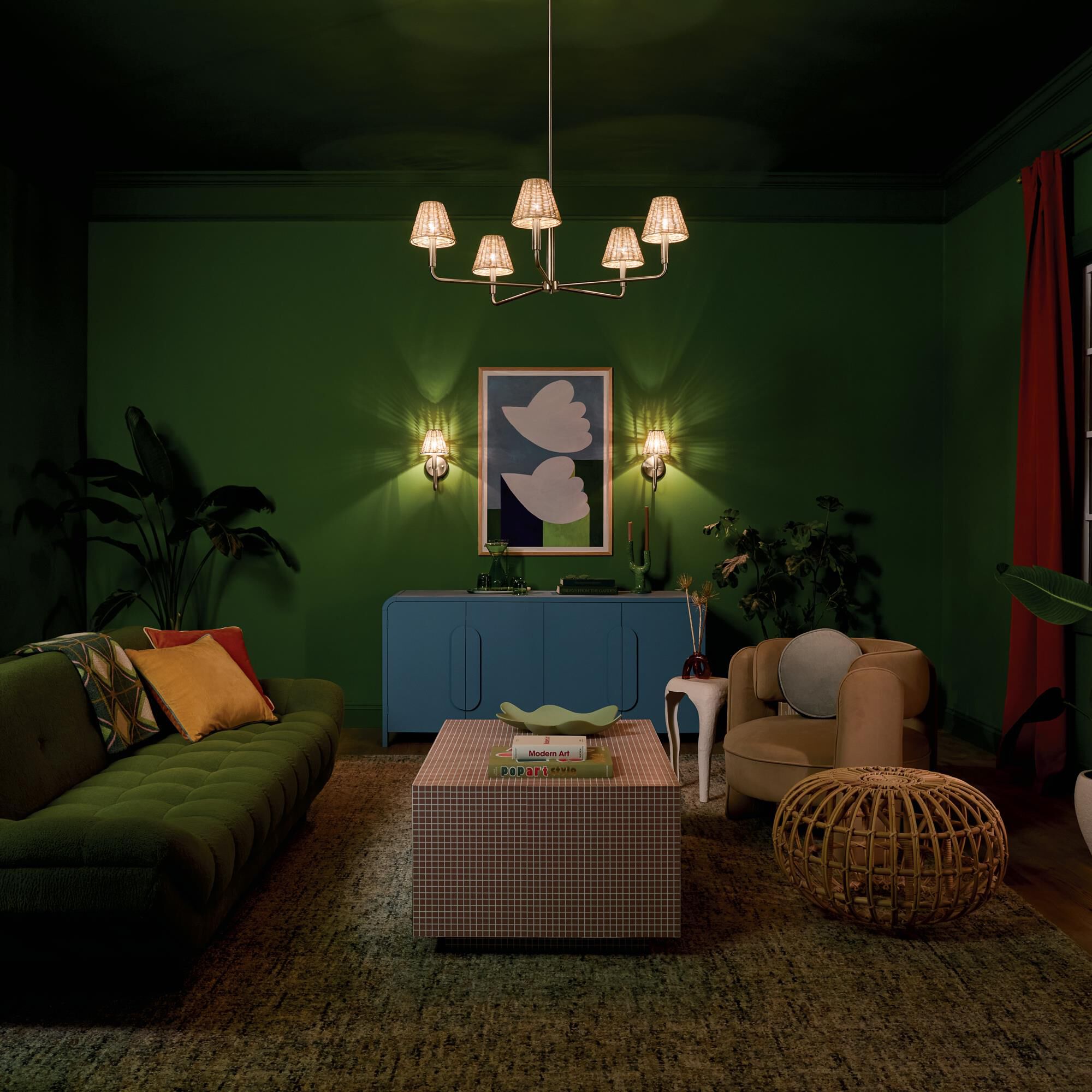 Shown in Champagne Bronze finish and Rattan Textured shade