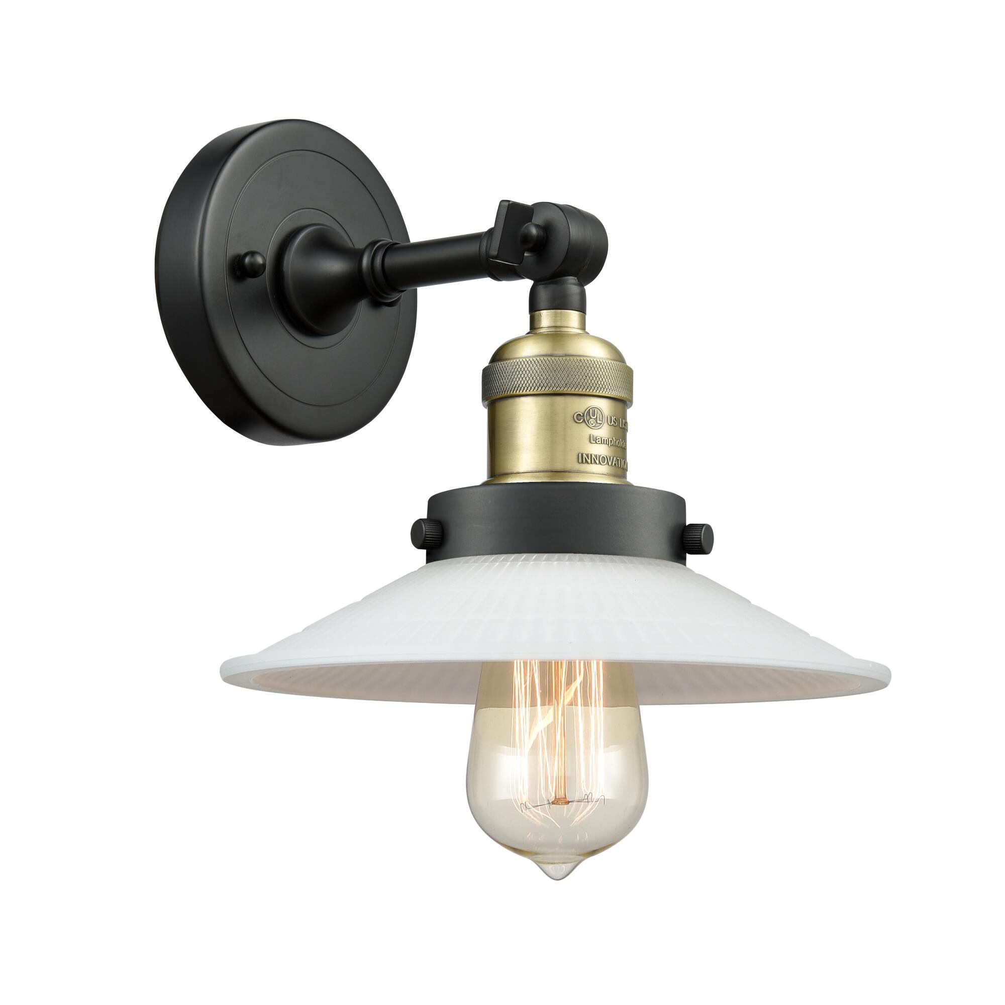 Shown in Black Antique Brass finish and Matte White Halophane - Cone glass