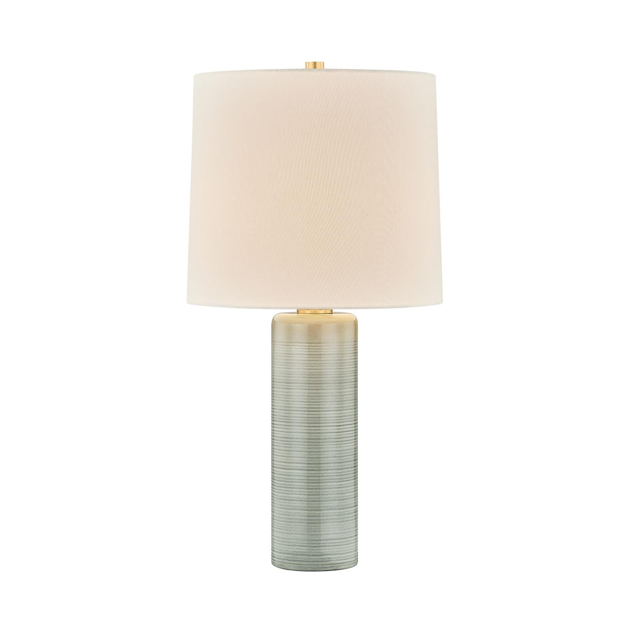 Shown in Aged Brass and Ceramic Silver Lake finish and Off White Linen shade