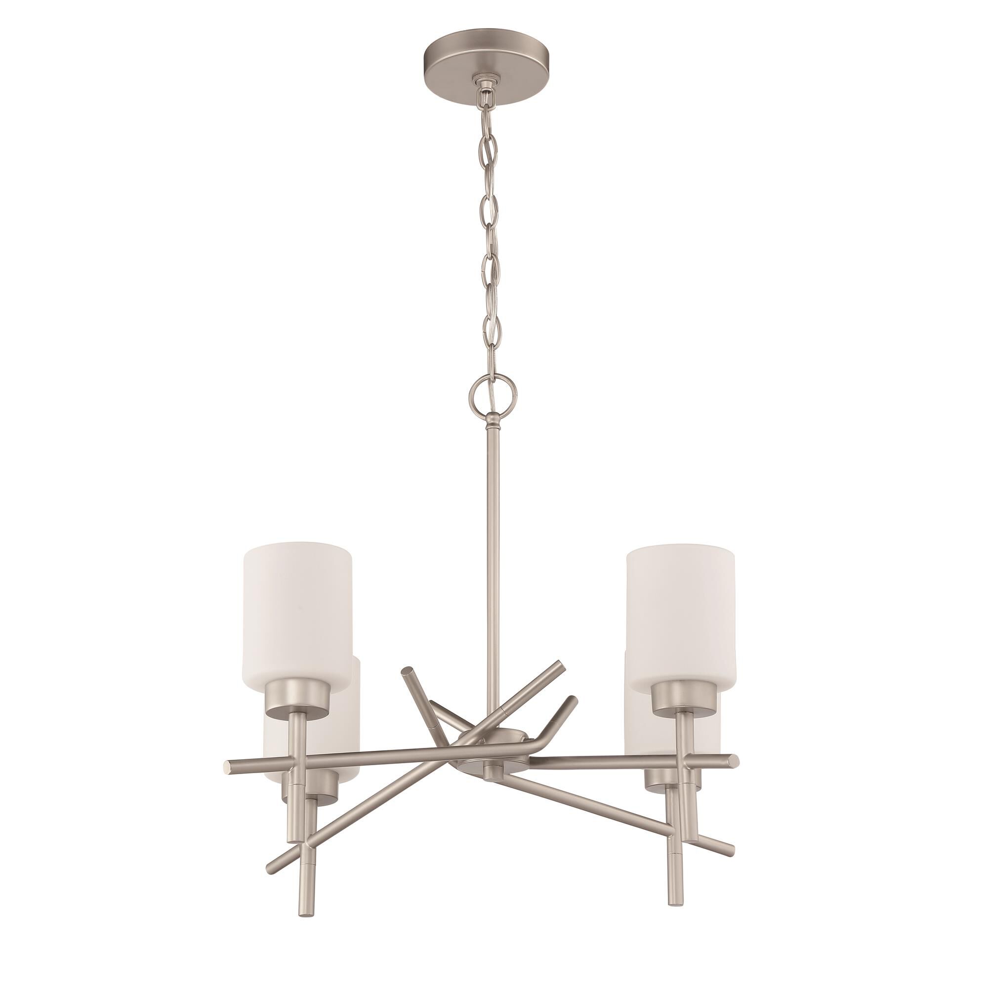 Shown in Satin Nickel finish and White Frosted glass and Glass shade