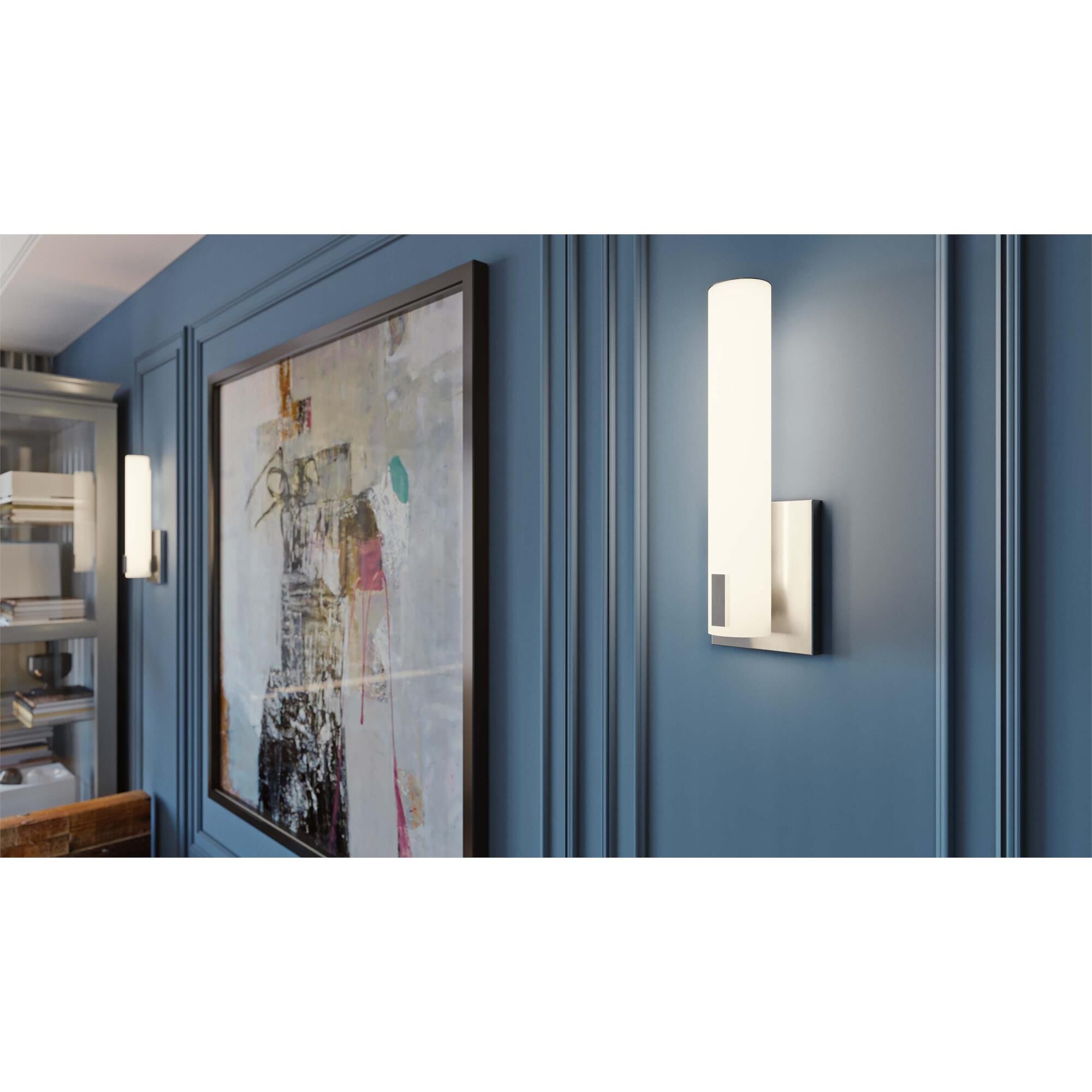 Shown in Satin Nickel finish and White Acrylic glass and 120 Volt Dimmer accent