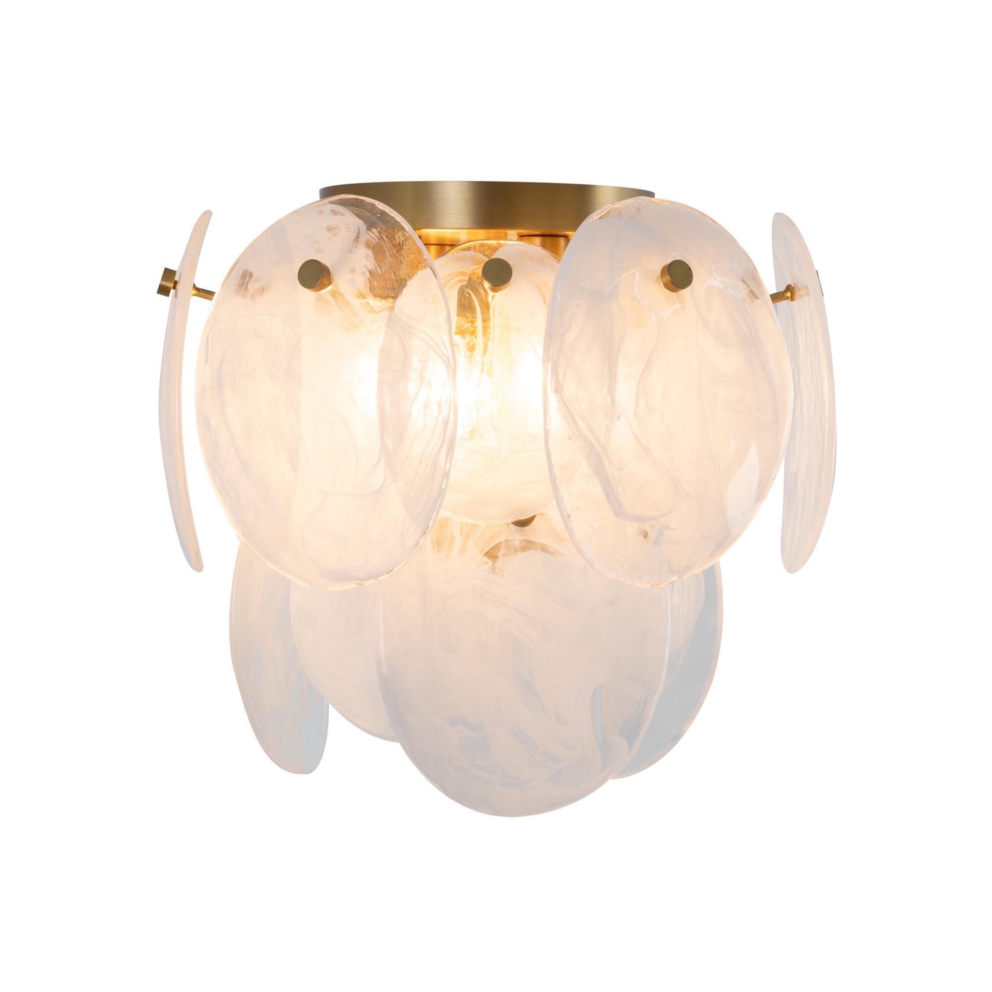 Shown in Brushed Brass finish and Wispy White Murano Style glass