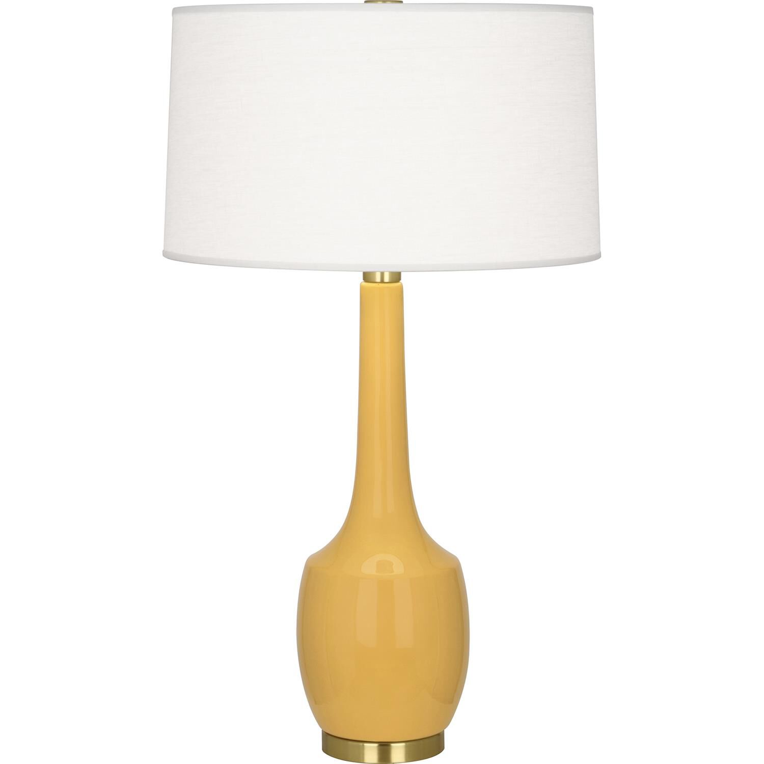 Shown in Antique Brass  With Sunset Yellow Glazed Ceramic finish and Oyster Linen With Self-Fabric Top And Bottom Diffuser shade