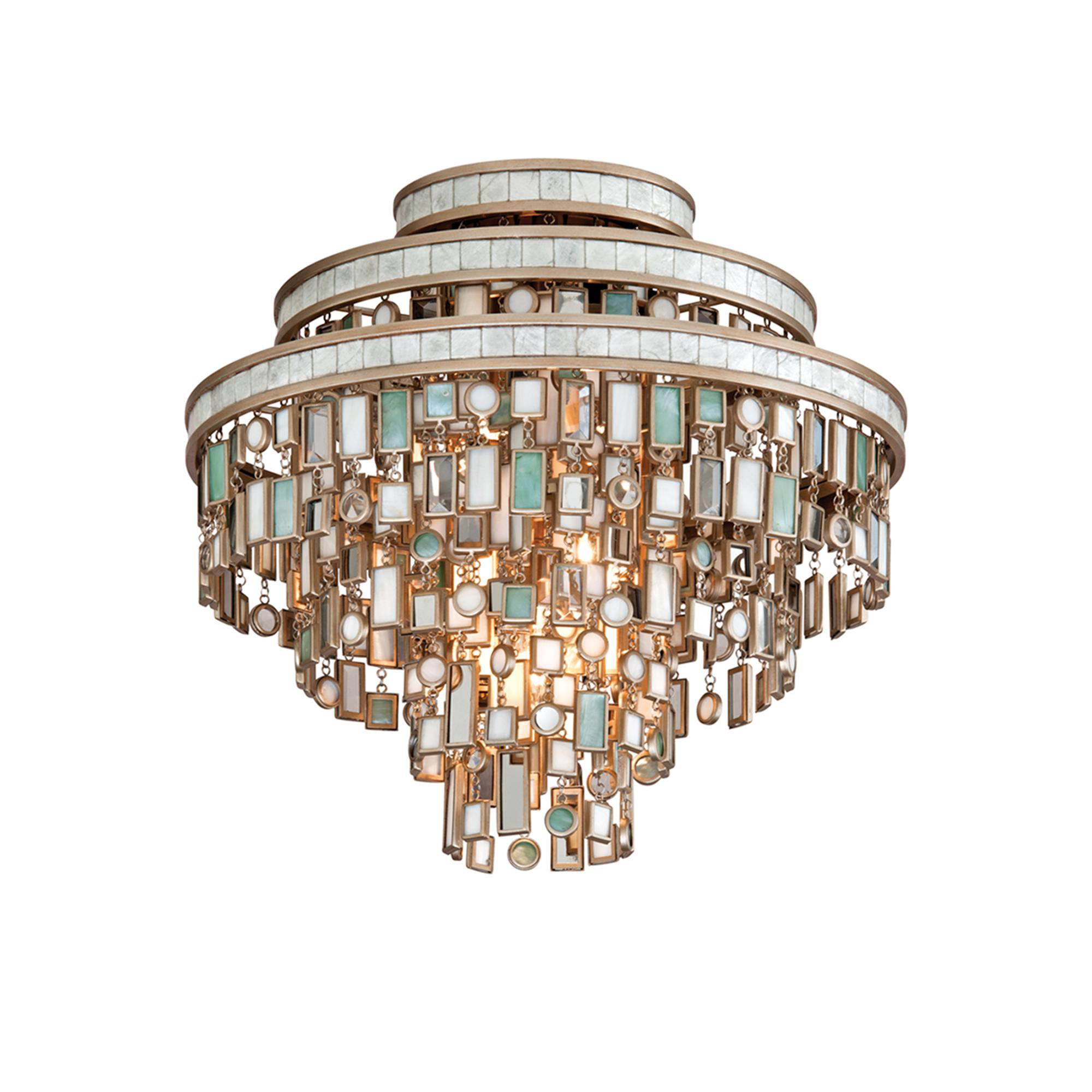 Shown in Dolcetti Silver finish and Mixed glass and Shells, Crystal, Stainless shade and Mixed Shells with Crystal and Stainless Accents accent