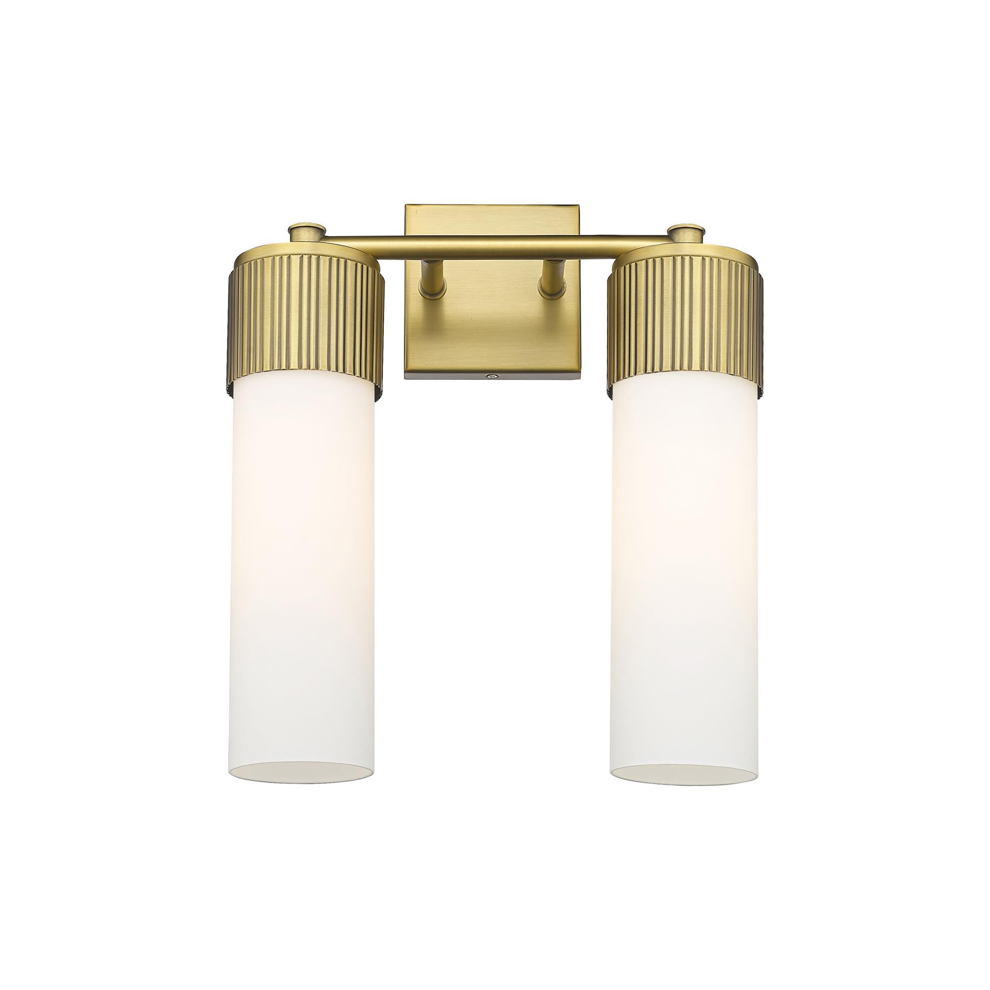 Shown in Brushed Brass finish and Matte White glass