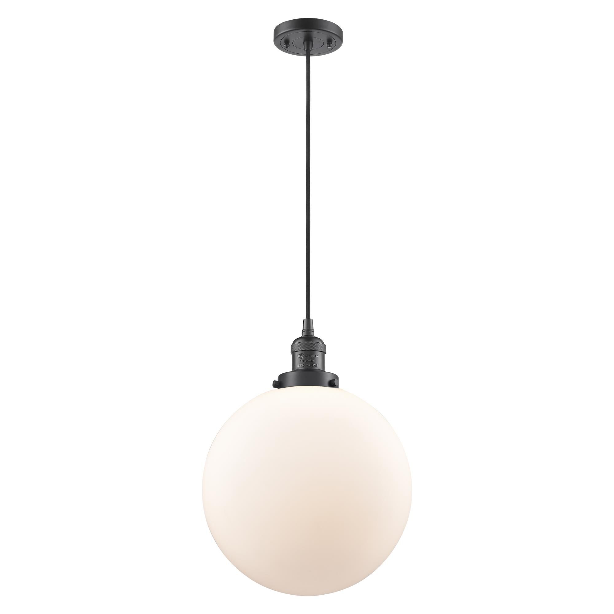 Shown in Oil Rubbed Bronze finish and Matte White Cased Beacon glass