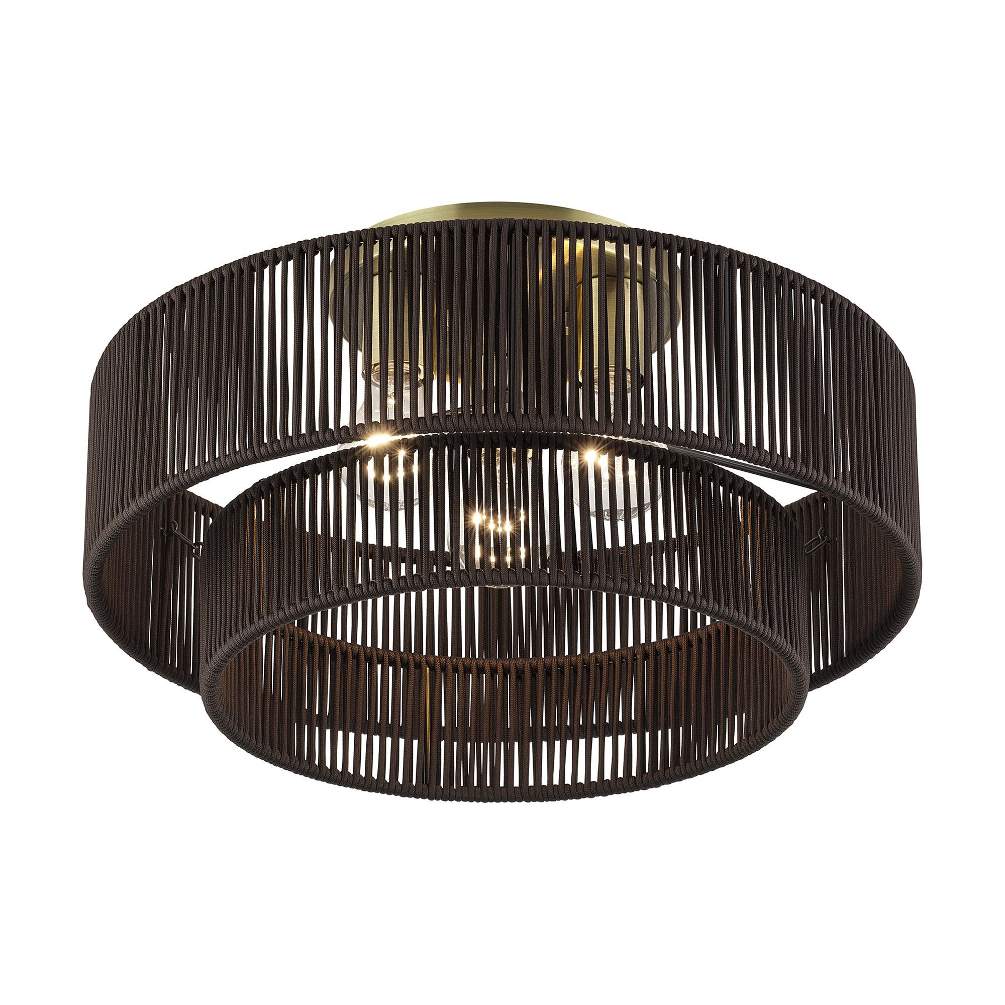Shown in Antique Brass finish and Hand-Woven Dark Chocolate Color Polyester Rope shade