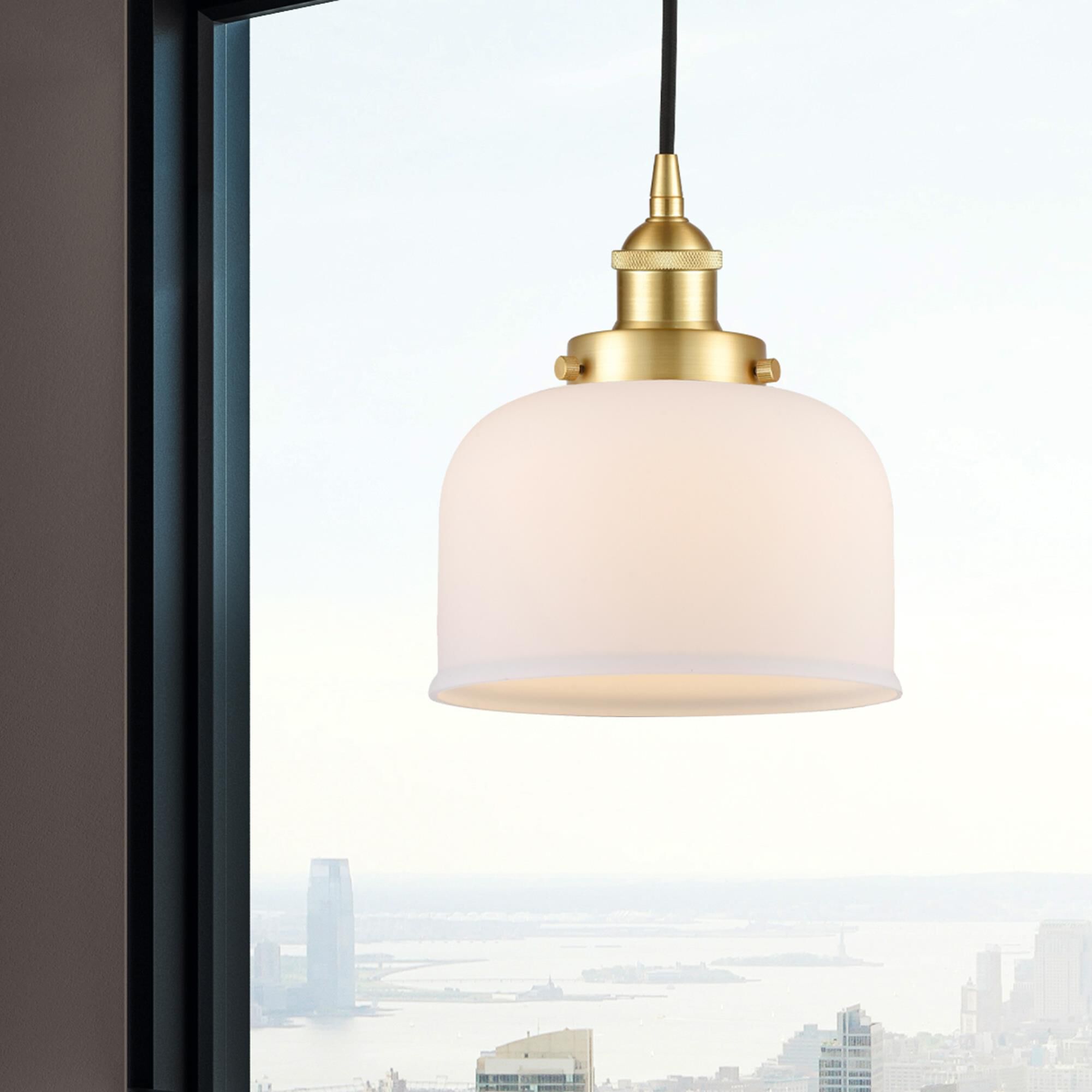 Shown in Satin Gold finish and Matte White glass
