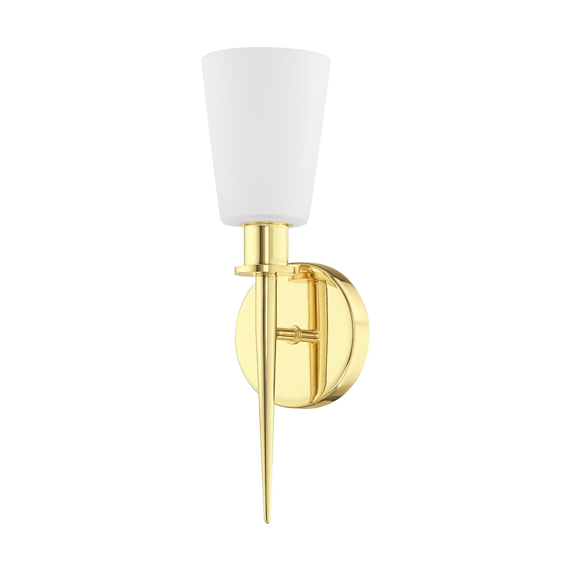 Shown in Polished Brass finish and Hand Blown Opal White glass