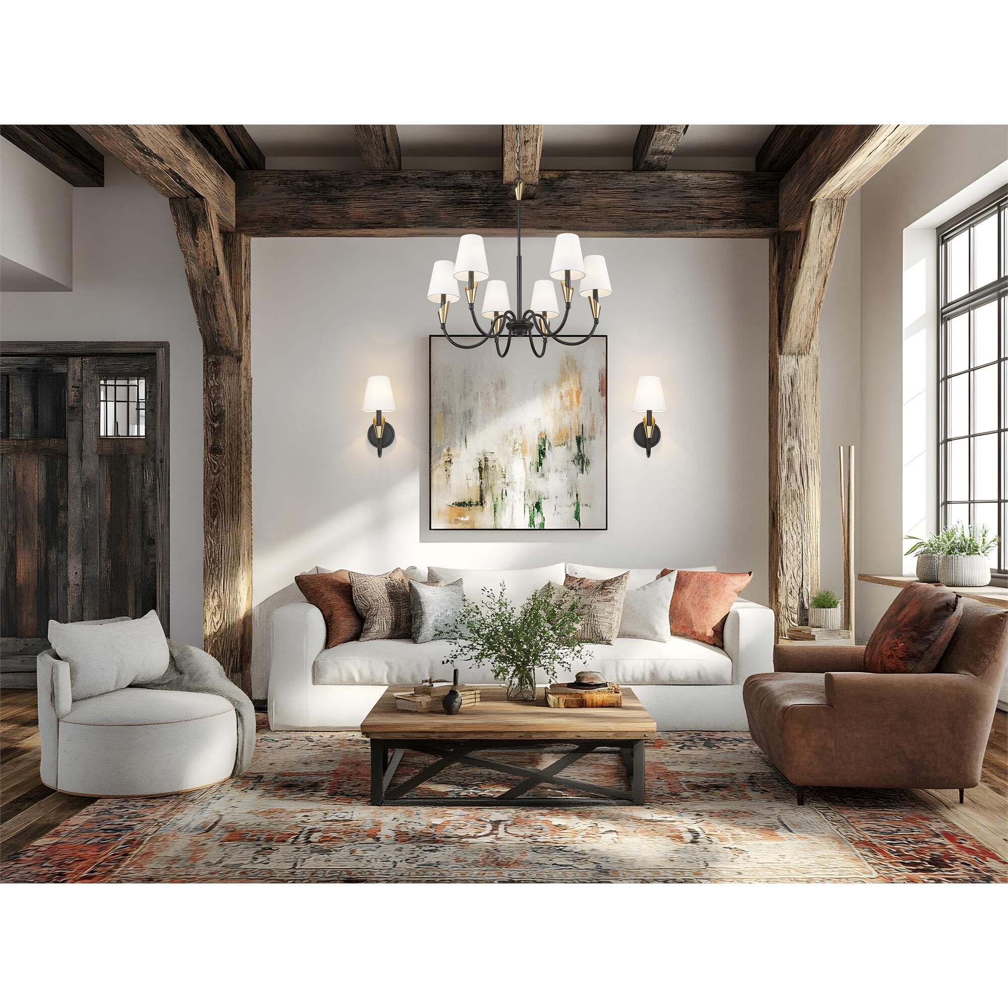 Shown in Matte Black And Modern Gold finish and White glass and White shade