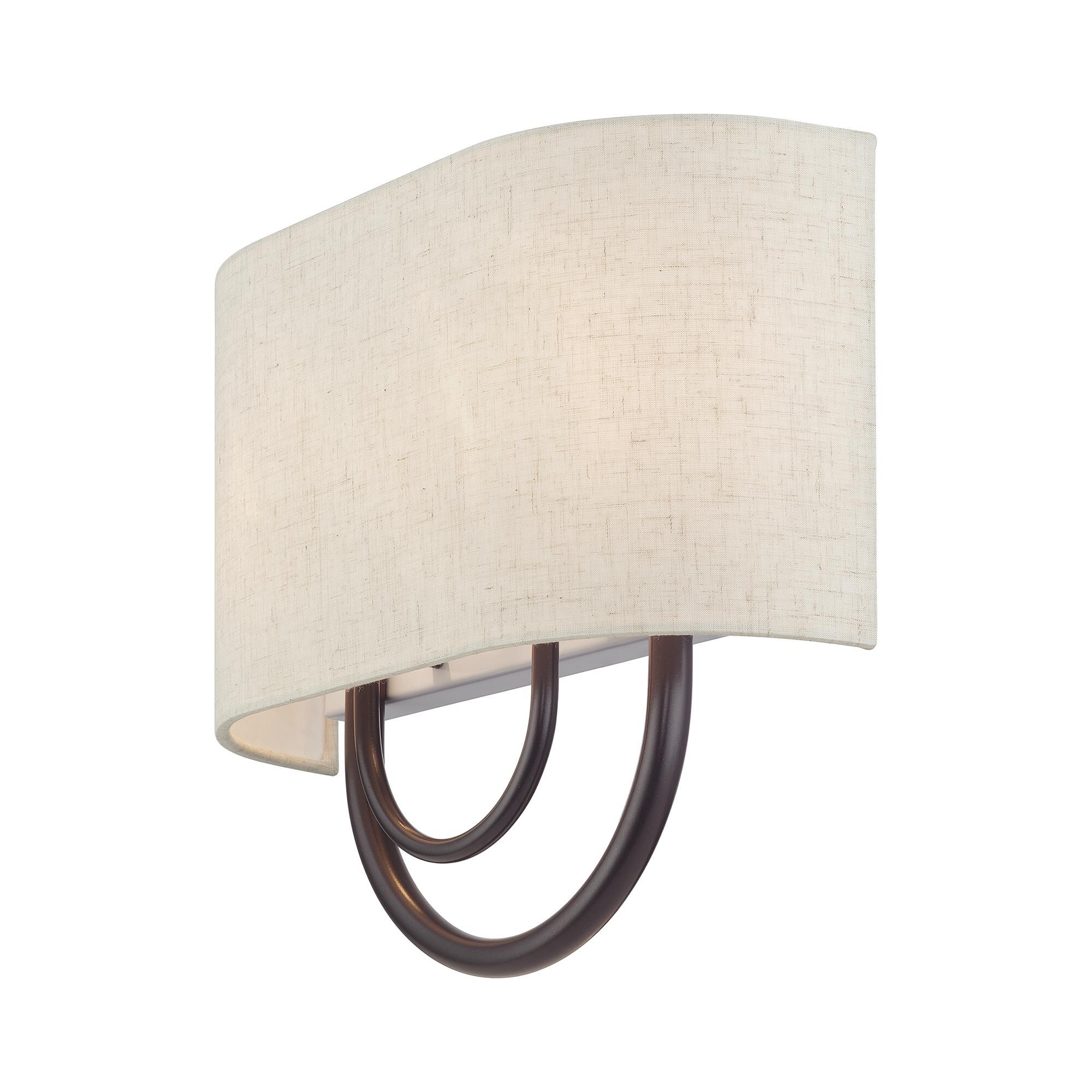 Shown in English Bronze finish and Hand Crafted Oatmeal Color Fabric Hardback with White Fabric Inside shade