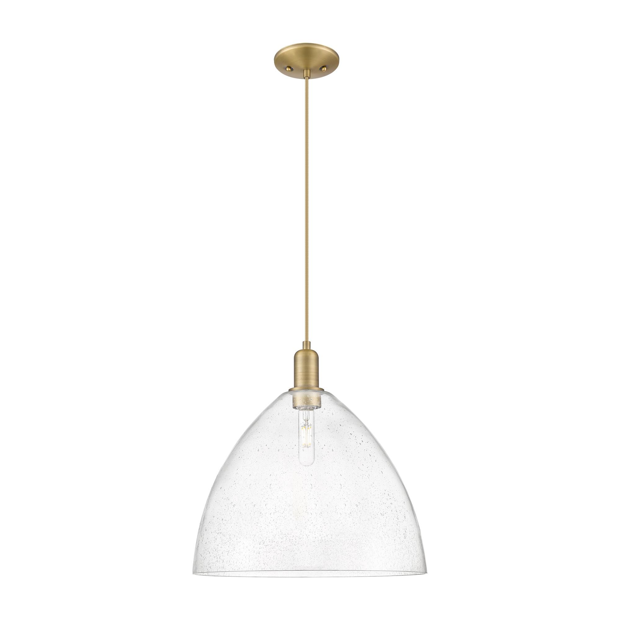 Shown in Brushed Brass finish and Seedy glass