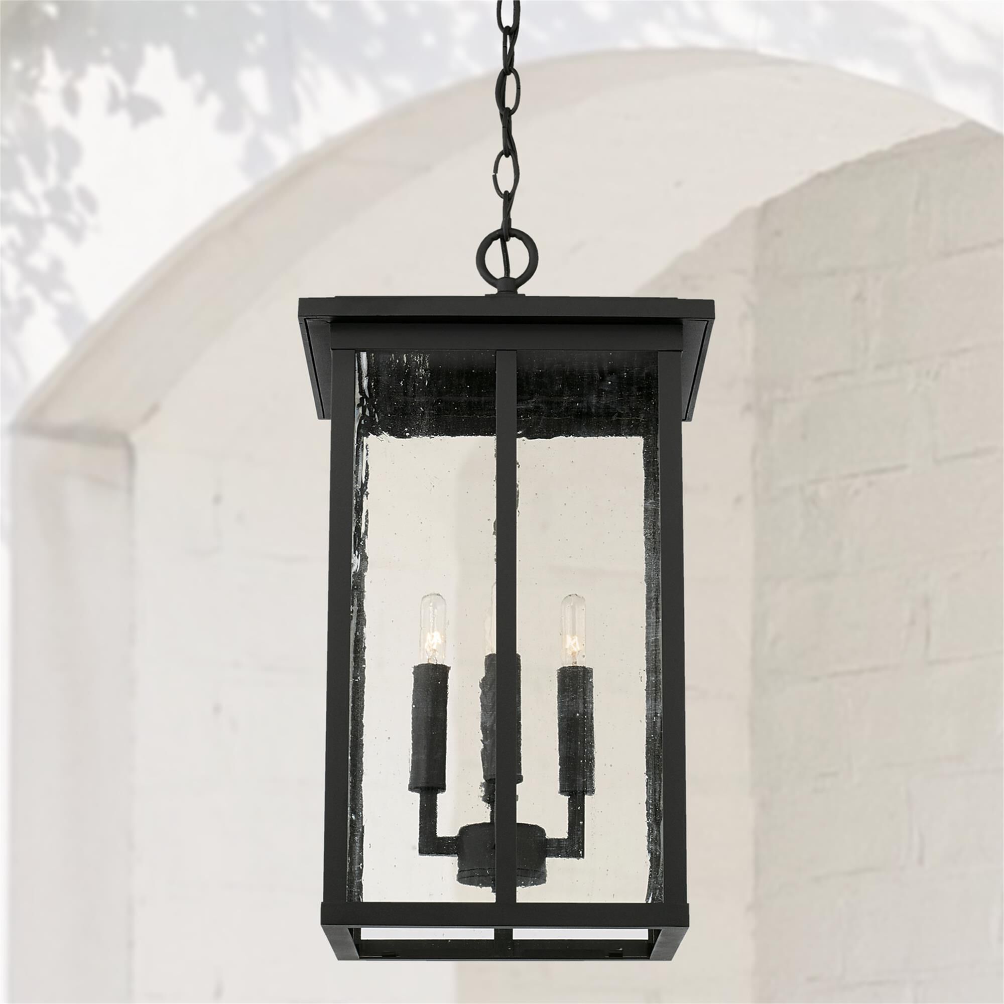 Shown in Black finish and Antiqued glass