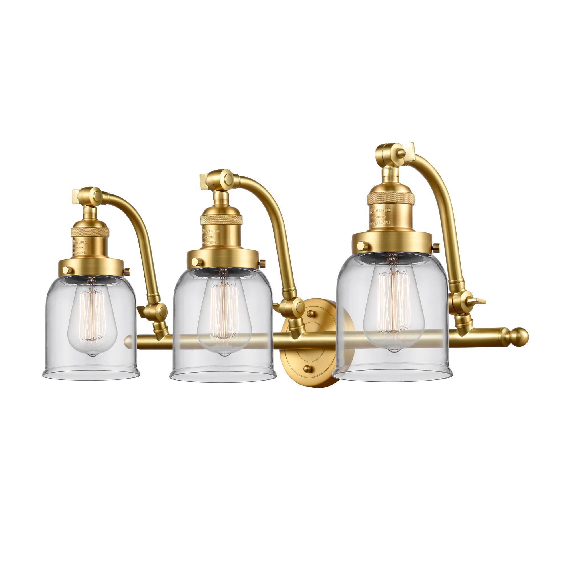 Shown in Satin Gold finish and Clear Small Bell glass