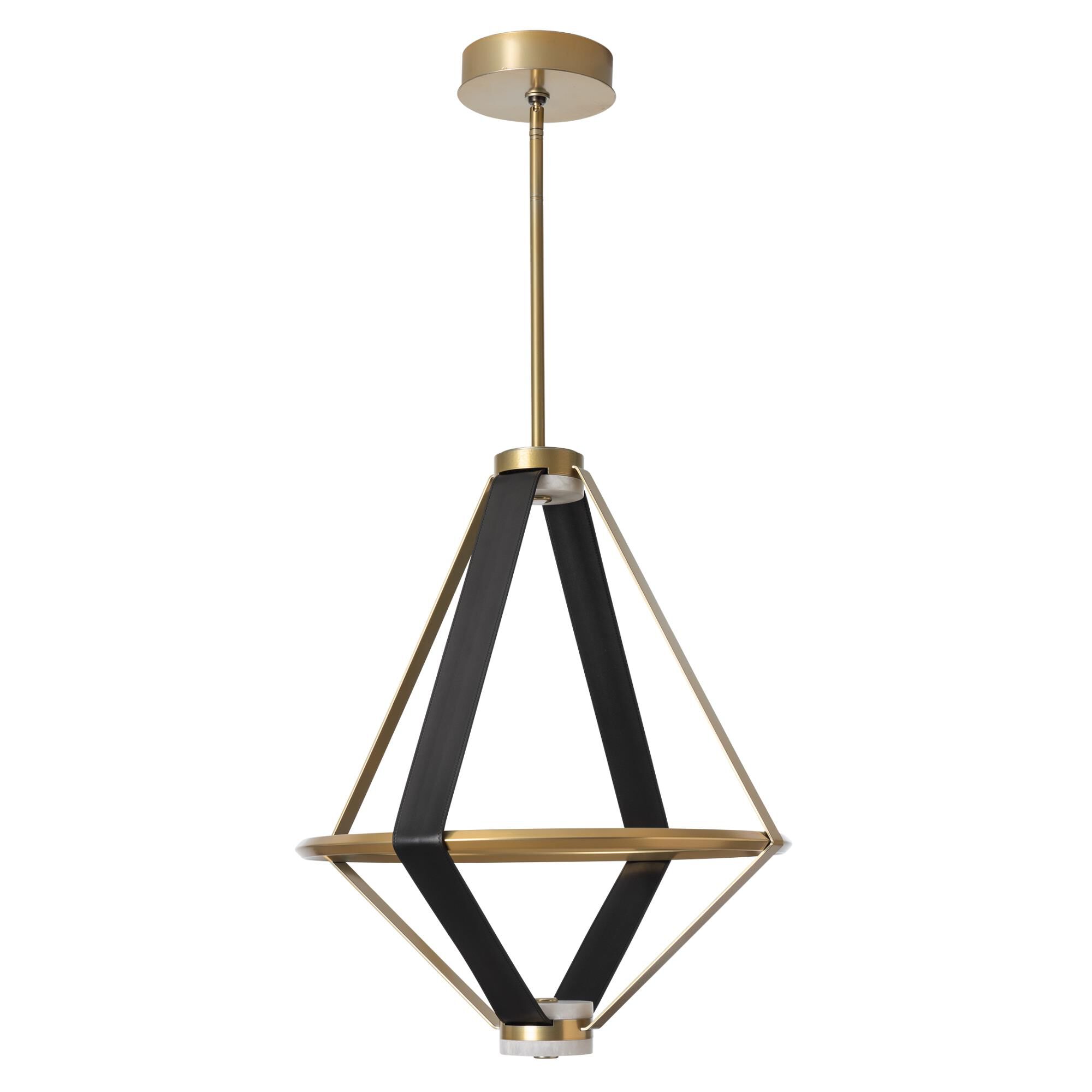 Shown in Modern Brass finish and Black Leather accent