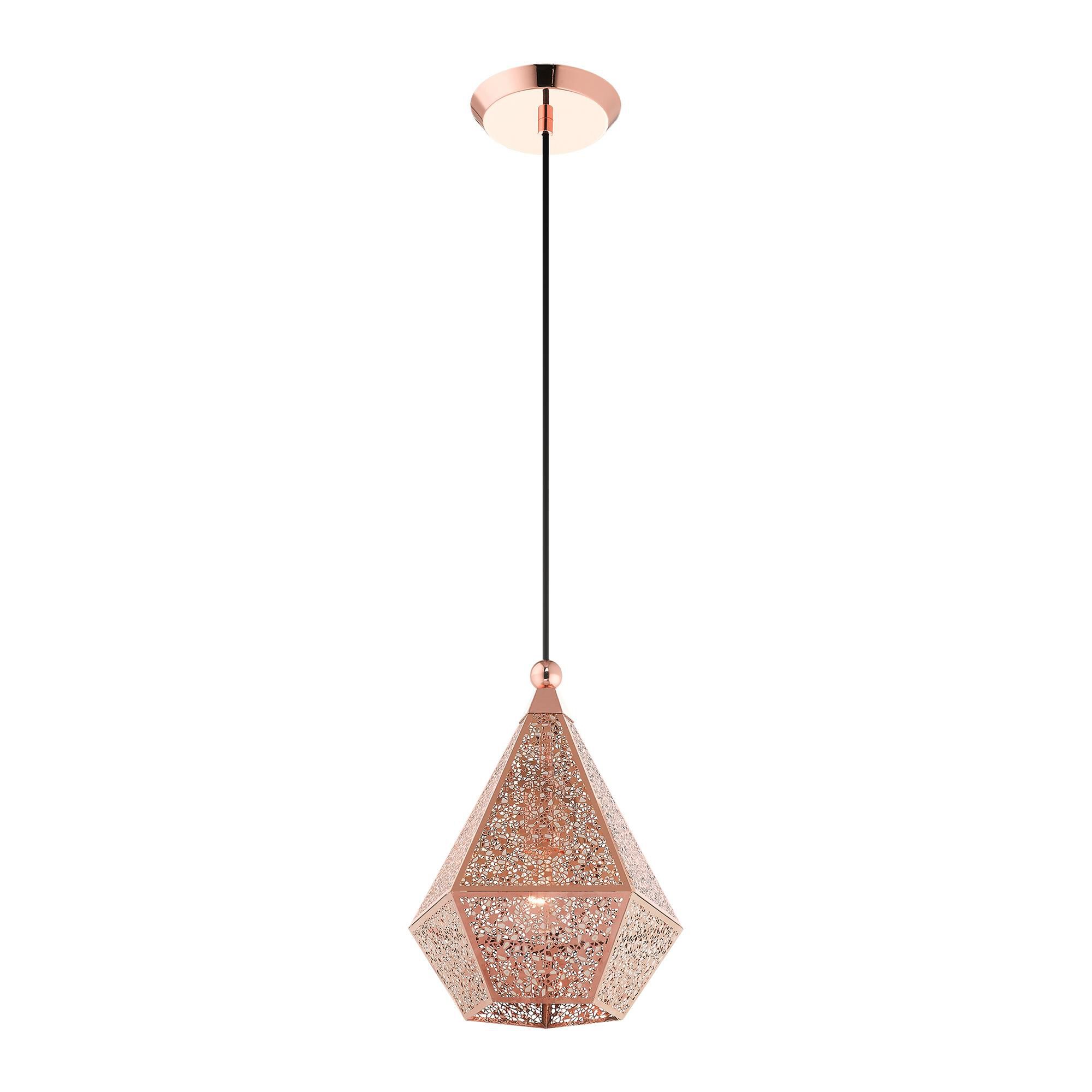Shown in Rose Gold finish and Rose Gold Filigreed Metal Shade glass and Rose Gold Filigreed Metal shade