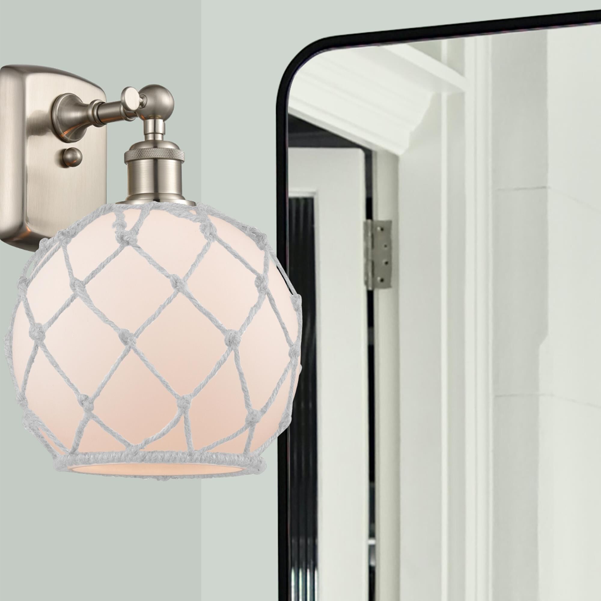 Shown in Brushed Satin Nickel finish and White With White Rope glass