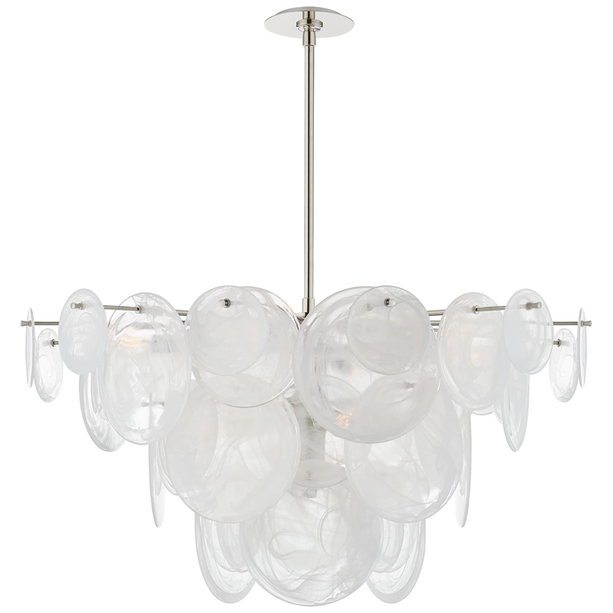 Shown in Polished Nickel finish and White Strie glass