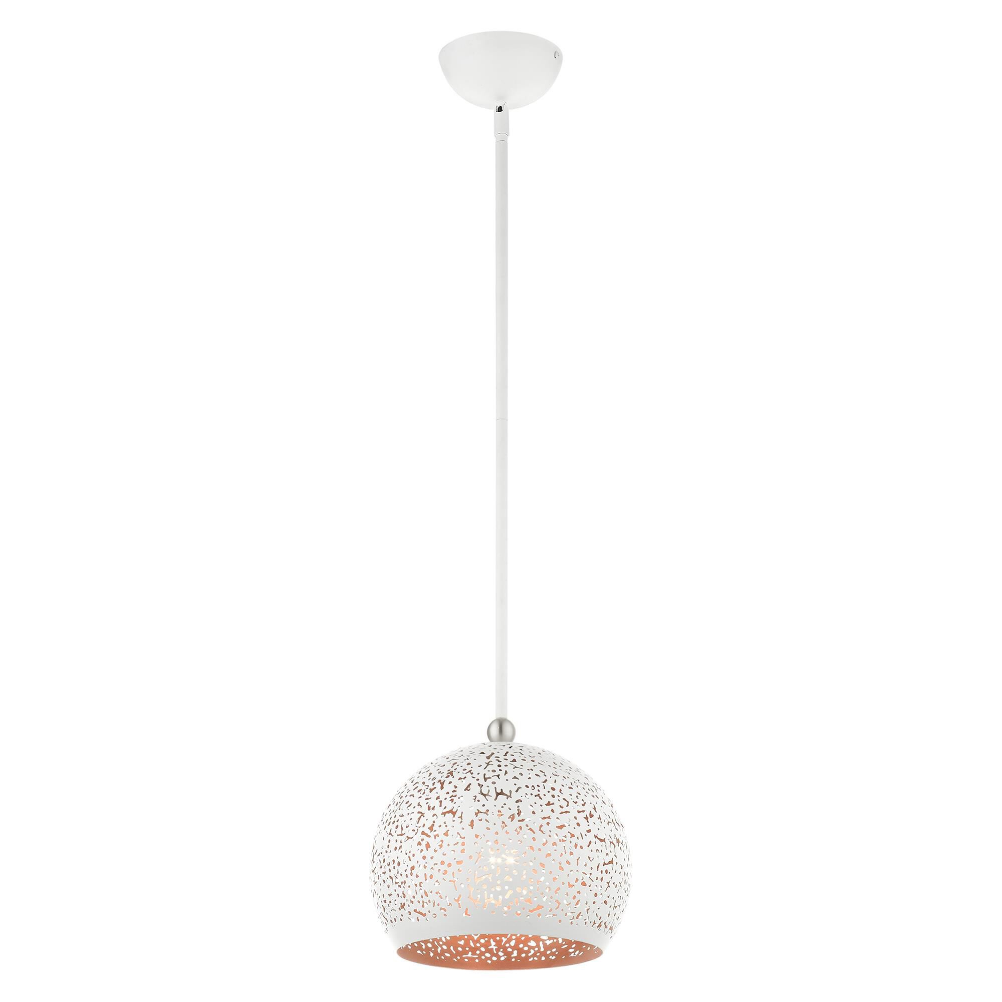 Shown in White With Brushed Nickel Accents finish and White Filigreed Metal Shade With Gold Finish Inside glass and White Filigreed Metal  With Gold Finish Inside shade