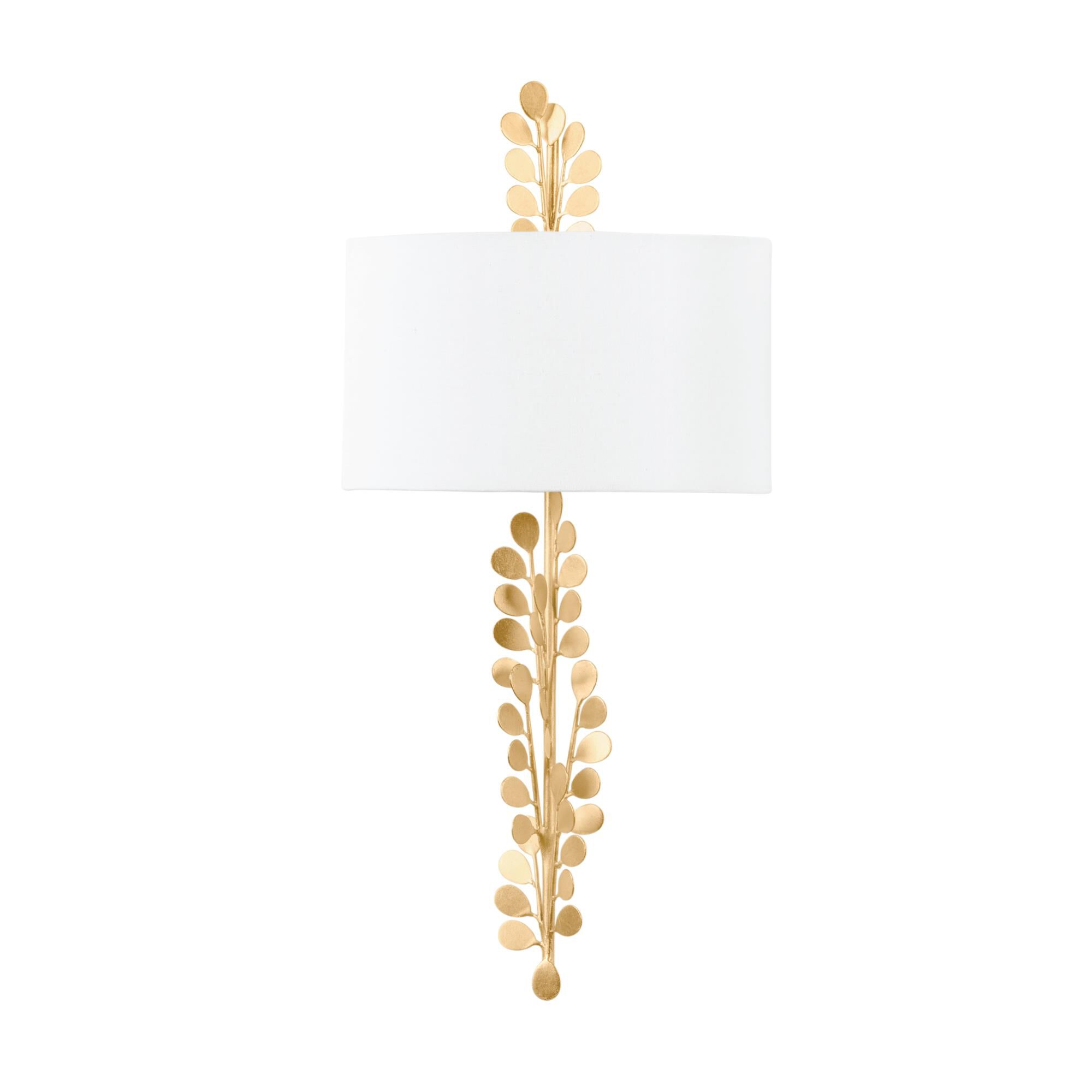 Shown in Vintage Gold Leaf finish and White Linen shade