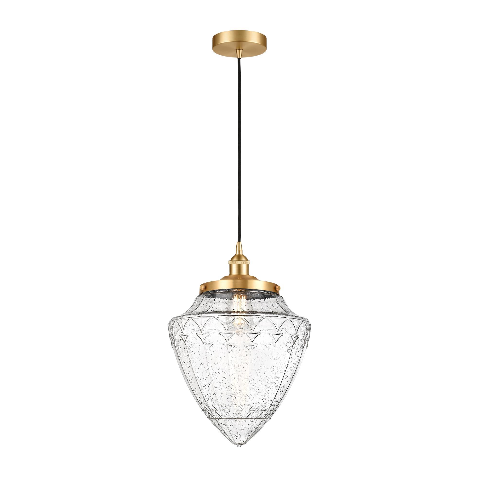 Shown in Satin Gold finish and Seedy glass