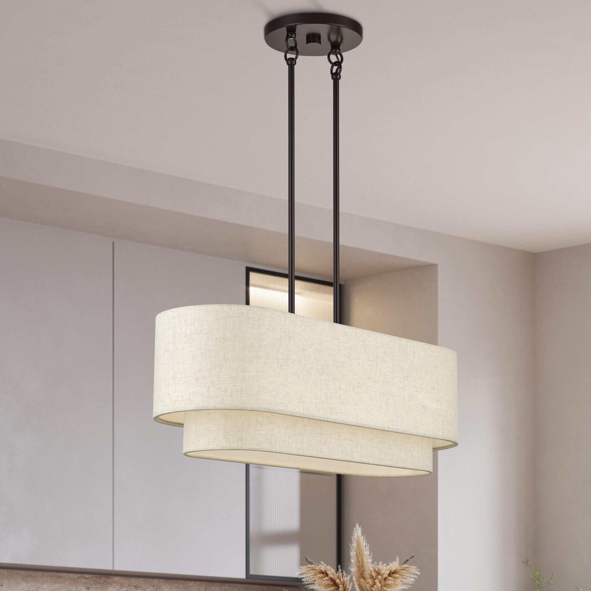 Shown in English Bronze finish and Hand Crafted Oatmeal Color Fabric with White Color Inside shade