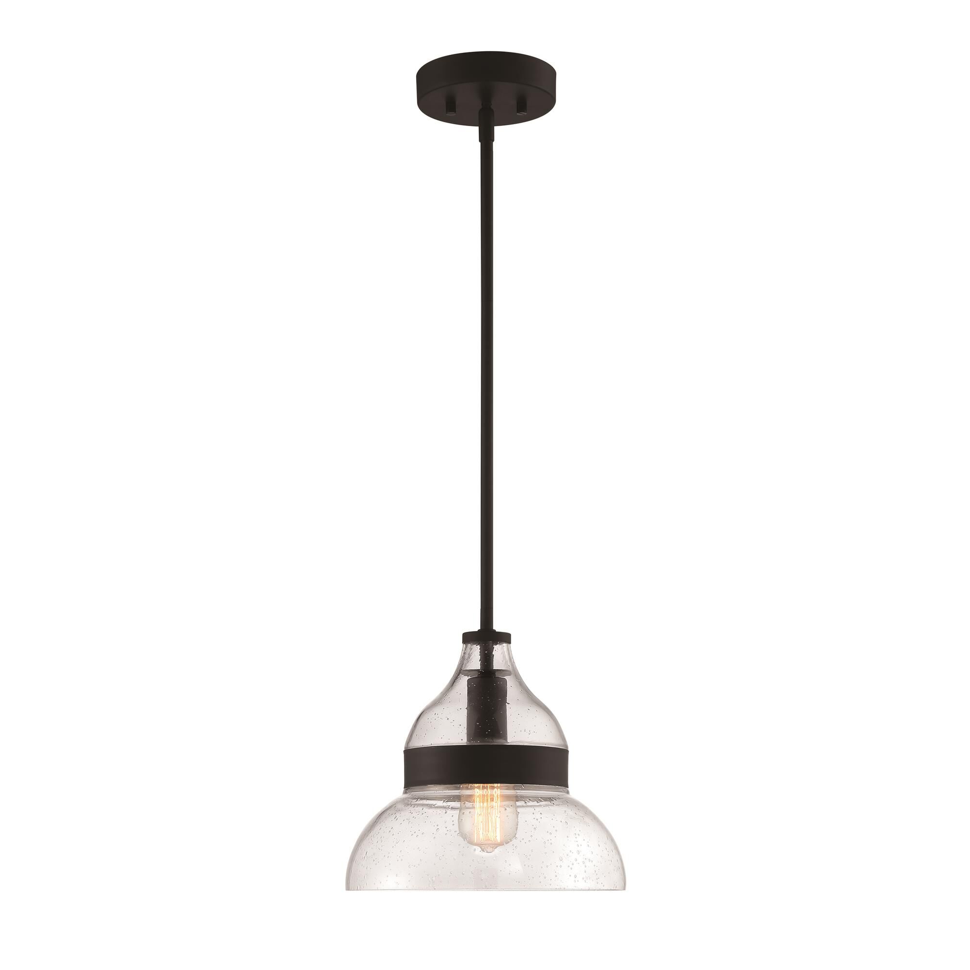 Shown in Flat Black finish and Clear Seeded glass and Glass shade