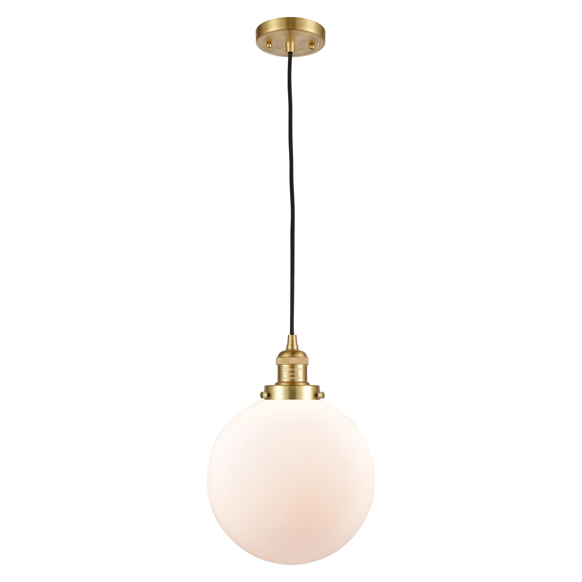 Shown in Satin Gold finish and Matte White Cased Beacon glass