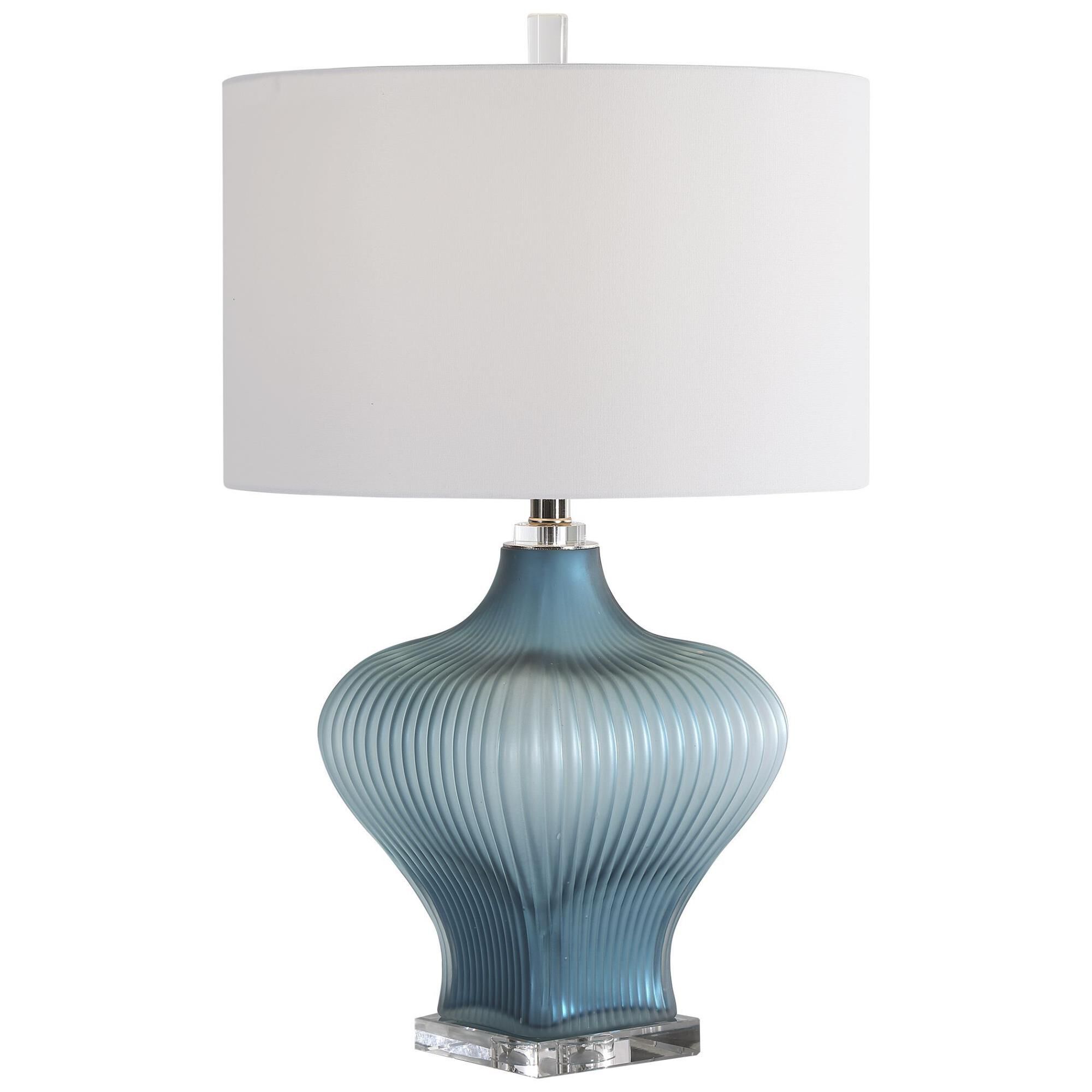 Shown in Showcasing A Classic Look, This Table Lamp Features A Frosted Turquoise Glass Base With Elegant Curv finish and Round Drum Hardback shade