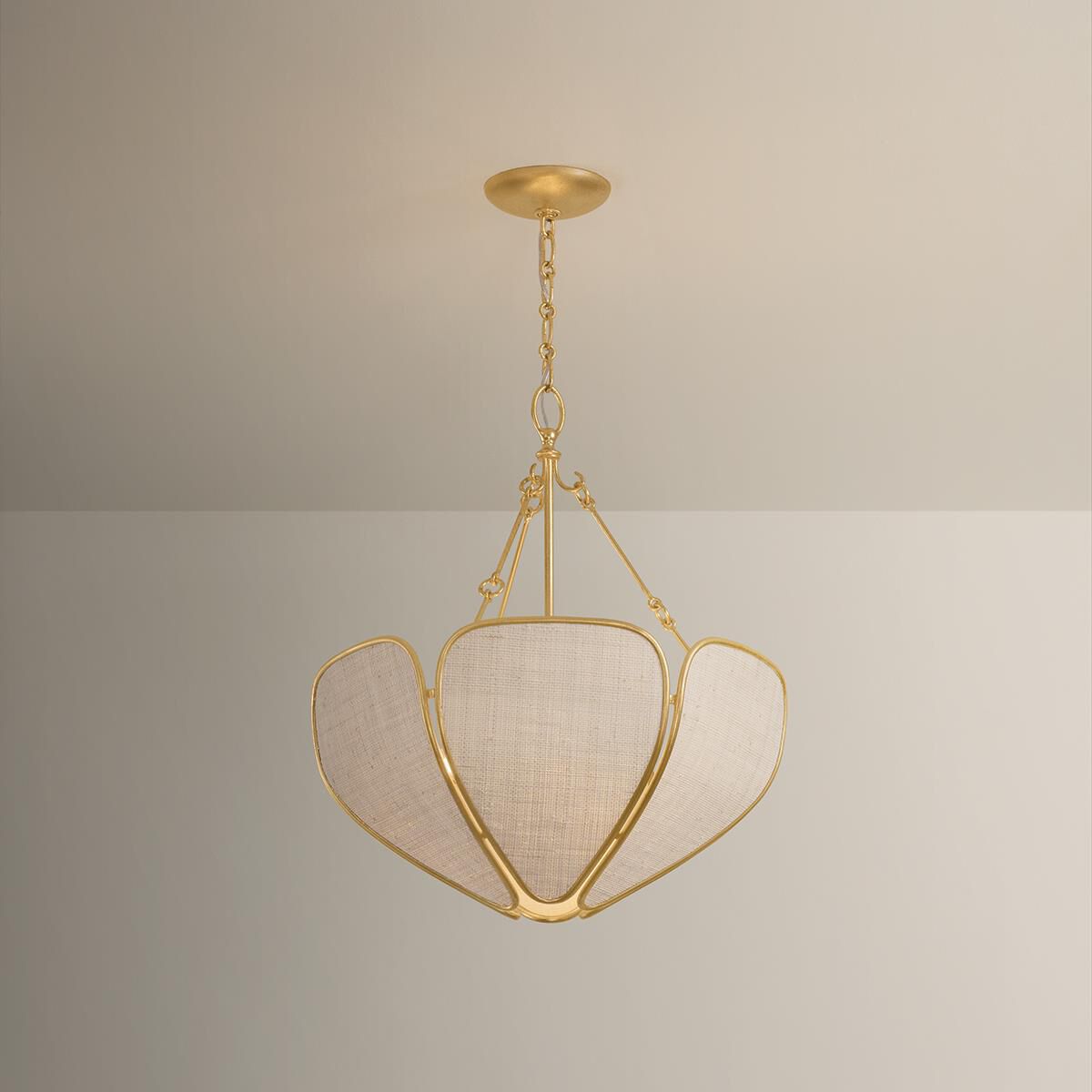 Shown in Vintage Gold Leaf finish and Natural Woven Saguran shade