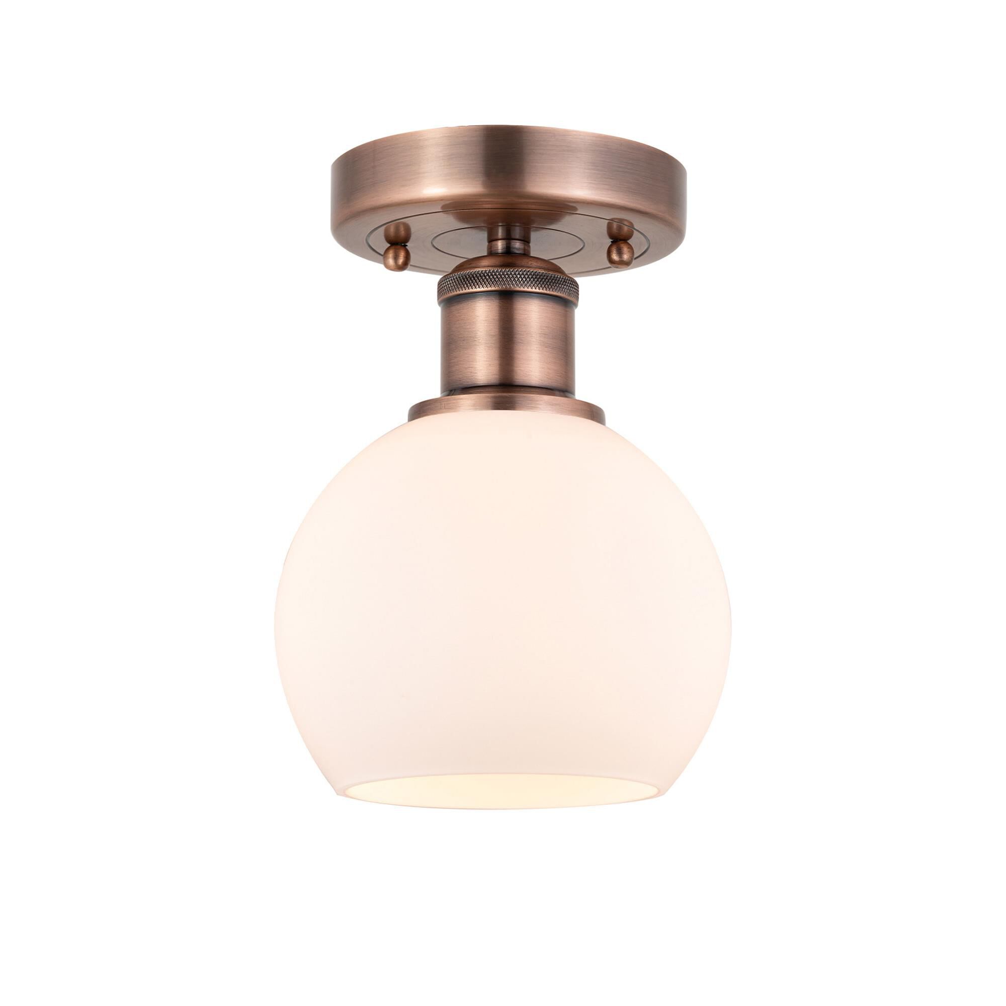 Shown in Antique Copper finish and Matte White glass