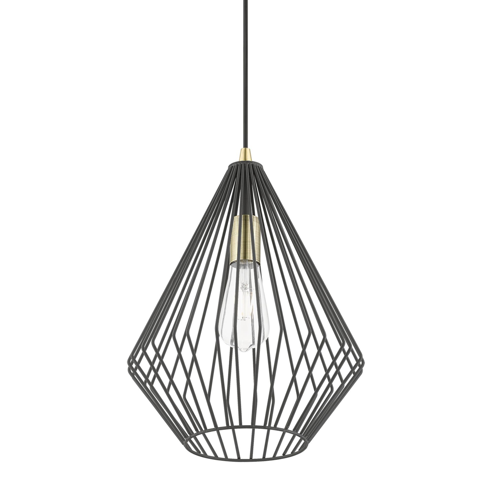Shown in Textured Black with Antique Brass Accents finish and Textured Black Metal shade