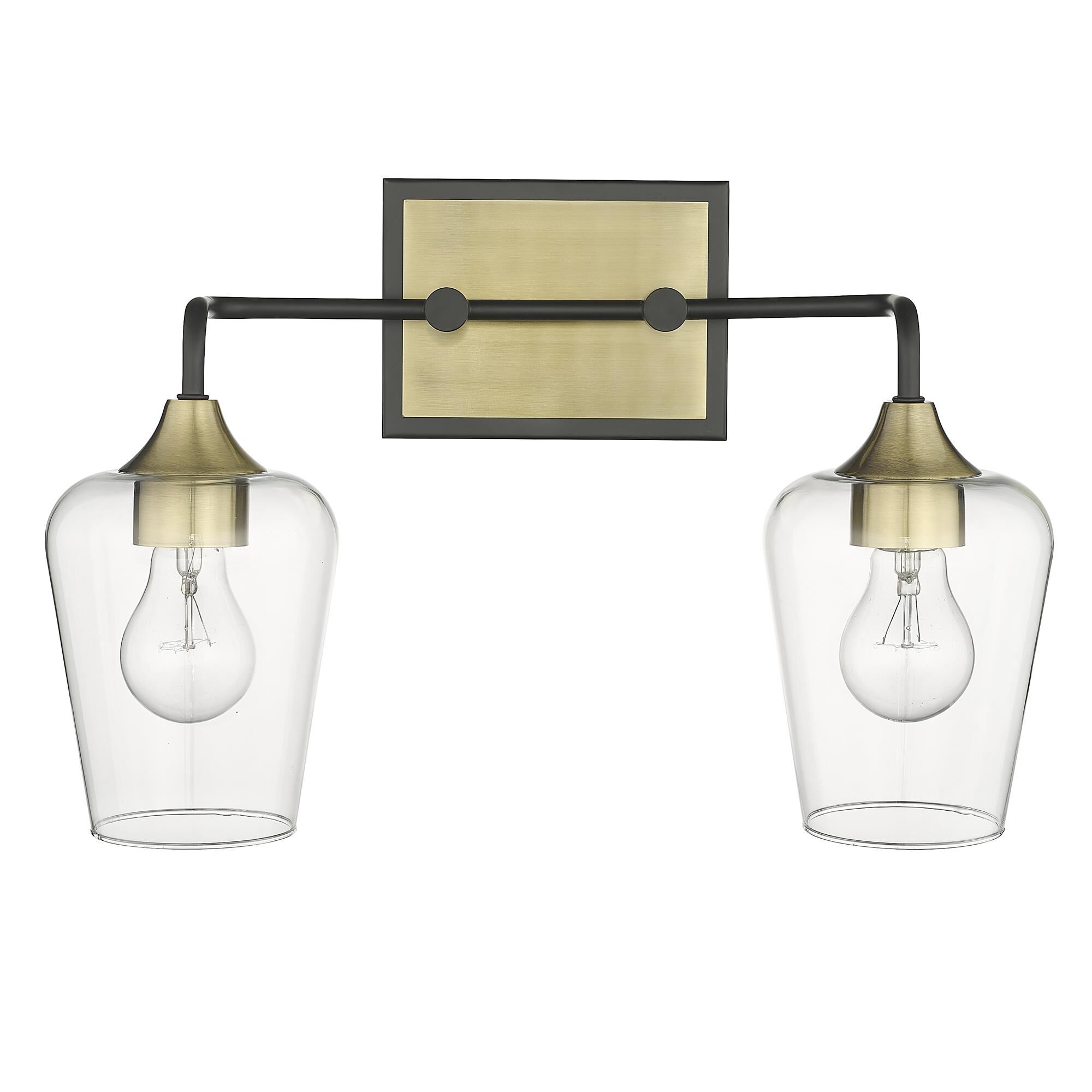 Shown in Antique Brass And Black finish and Clear Glass shade