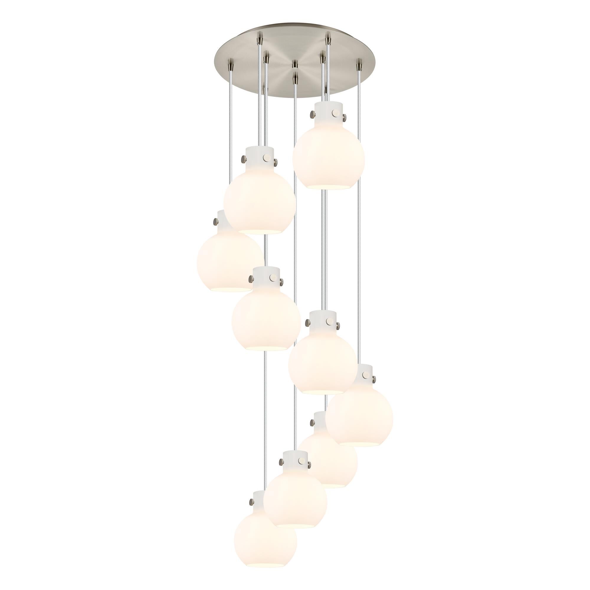 Shown in Brushed Satin Nickel finish and White glass and White Glass shade