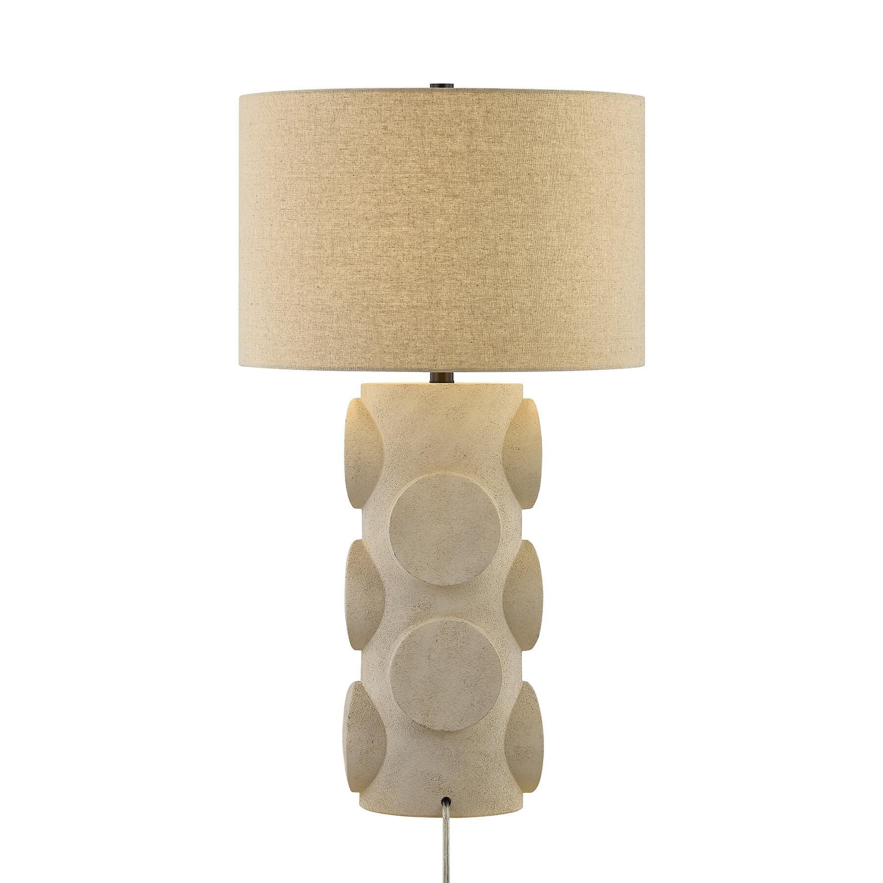 Shown in Mediterranean Bronze finish and Beige Fabric shade