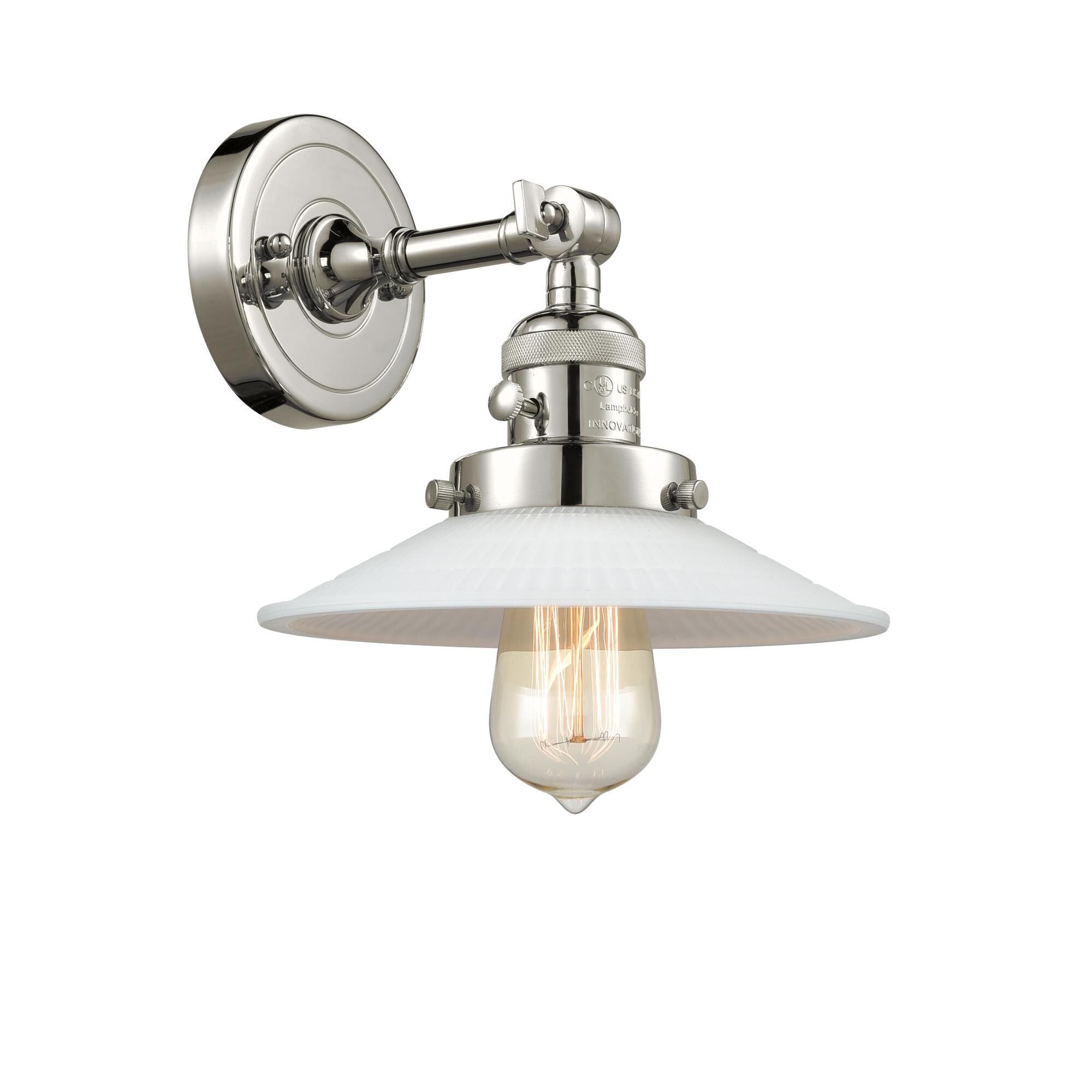 Shown in Polished Nickel finish and Matte White Halophane - Cone glass