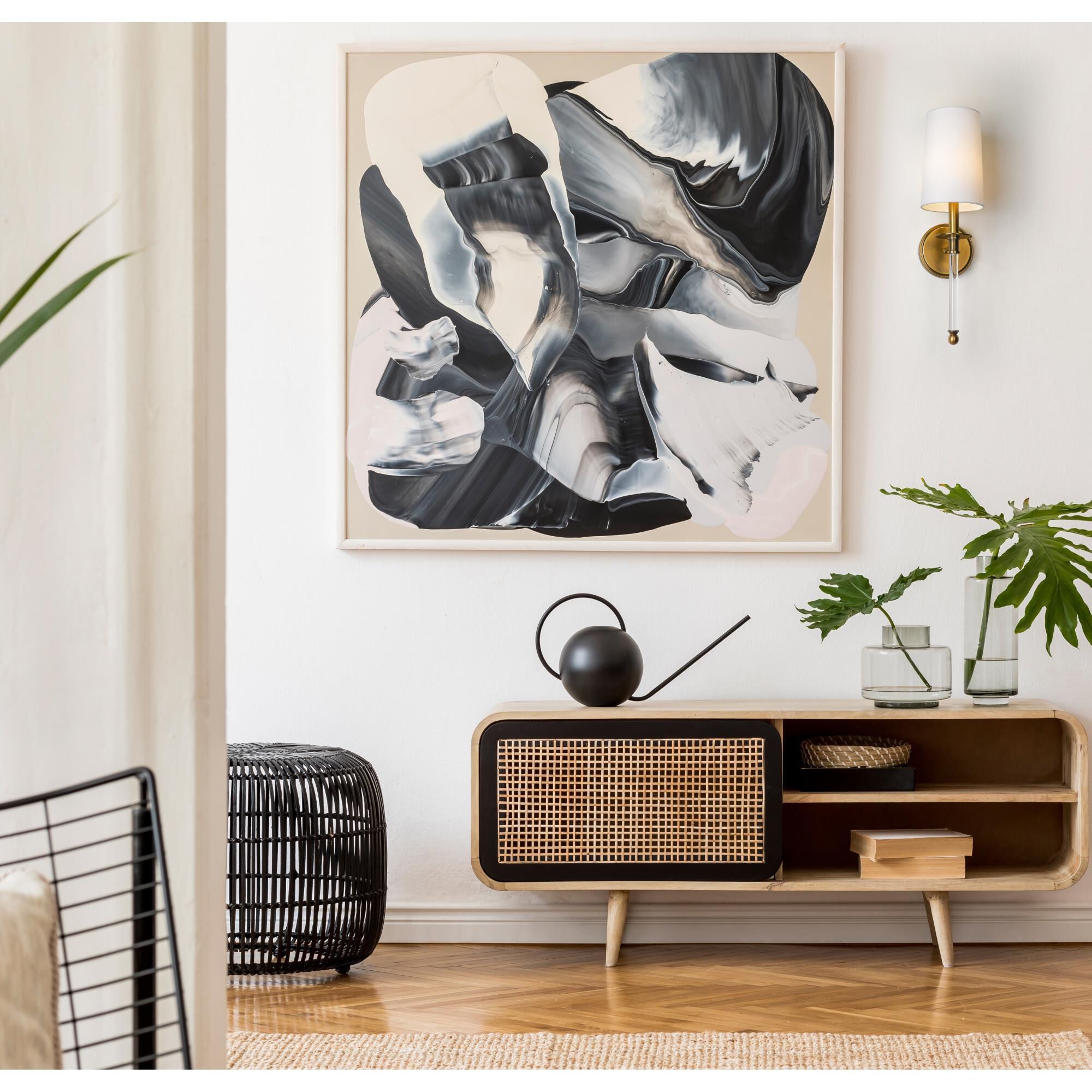 Shown in Rubbed Brass finish and Fabric shade