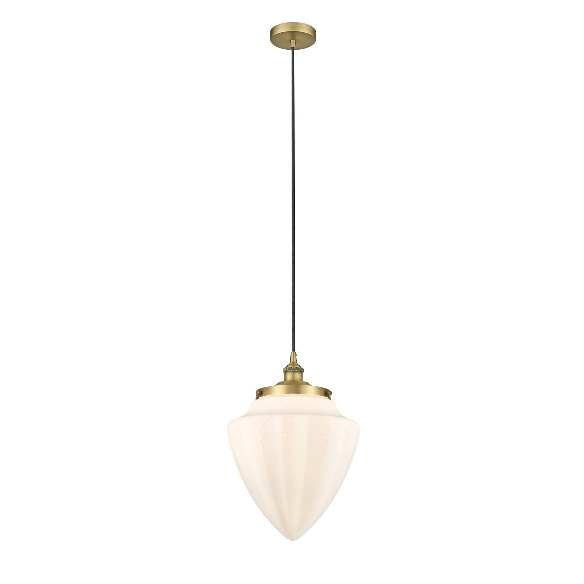 Shown in Brushed Brass finish and Matte White glass